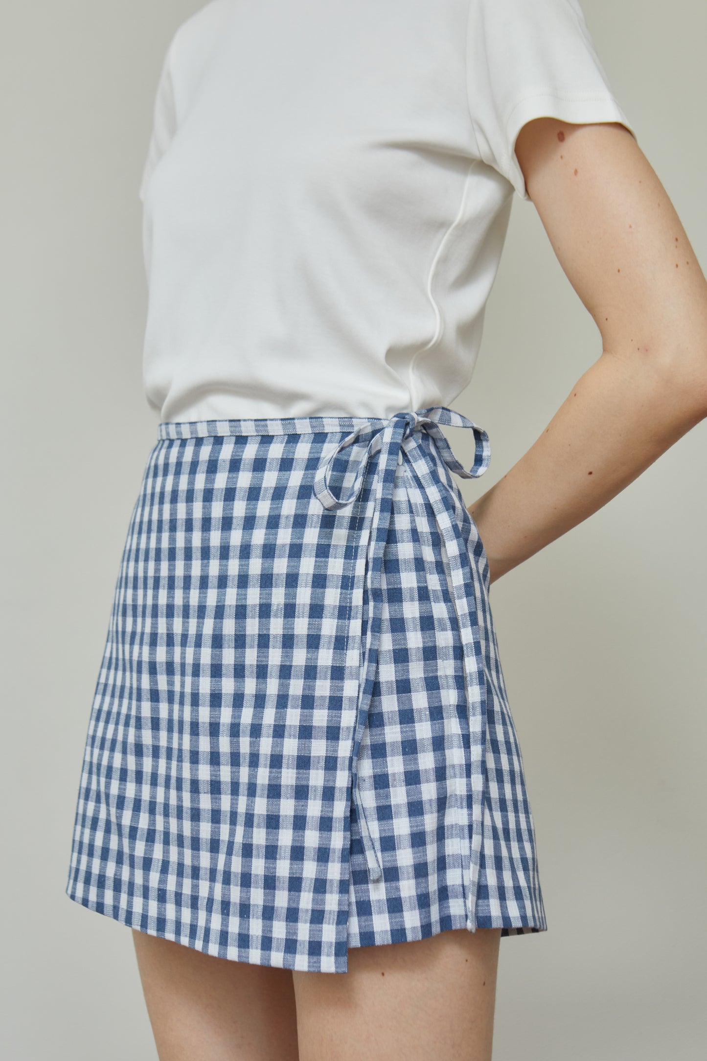 Linen Gingham Wrap Skorts - Navy