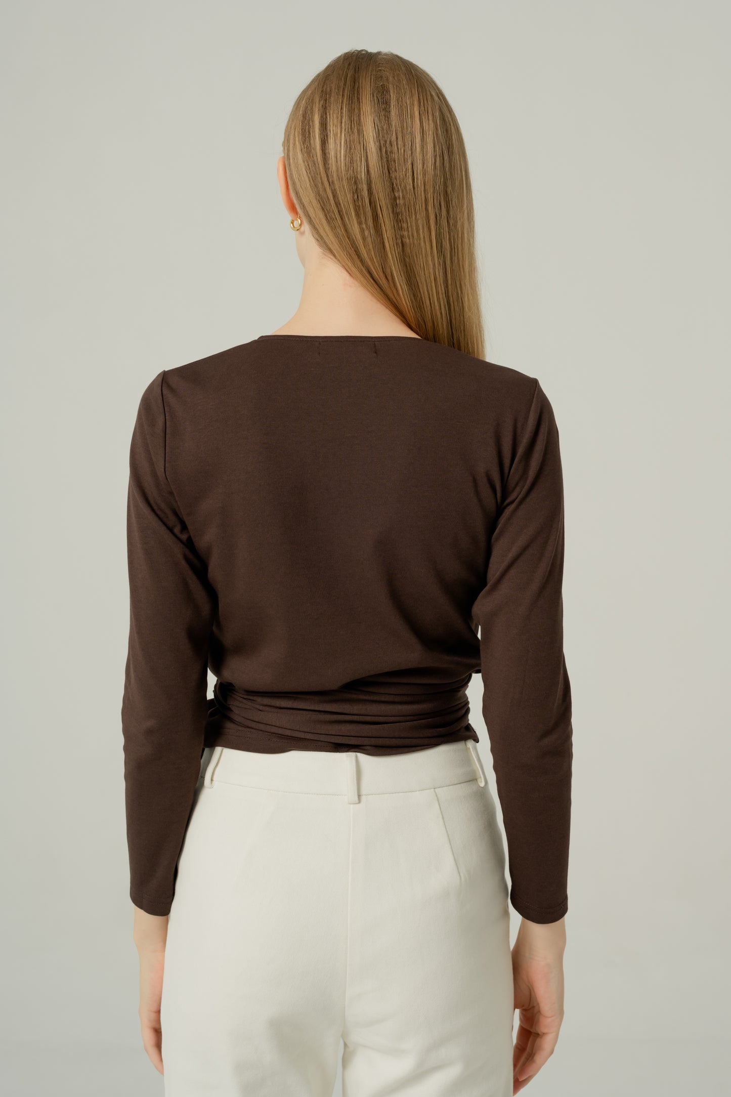 Long Sleeved Wrap Blouse - Chocolate