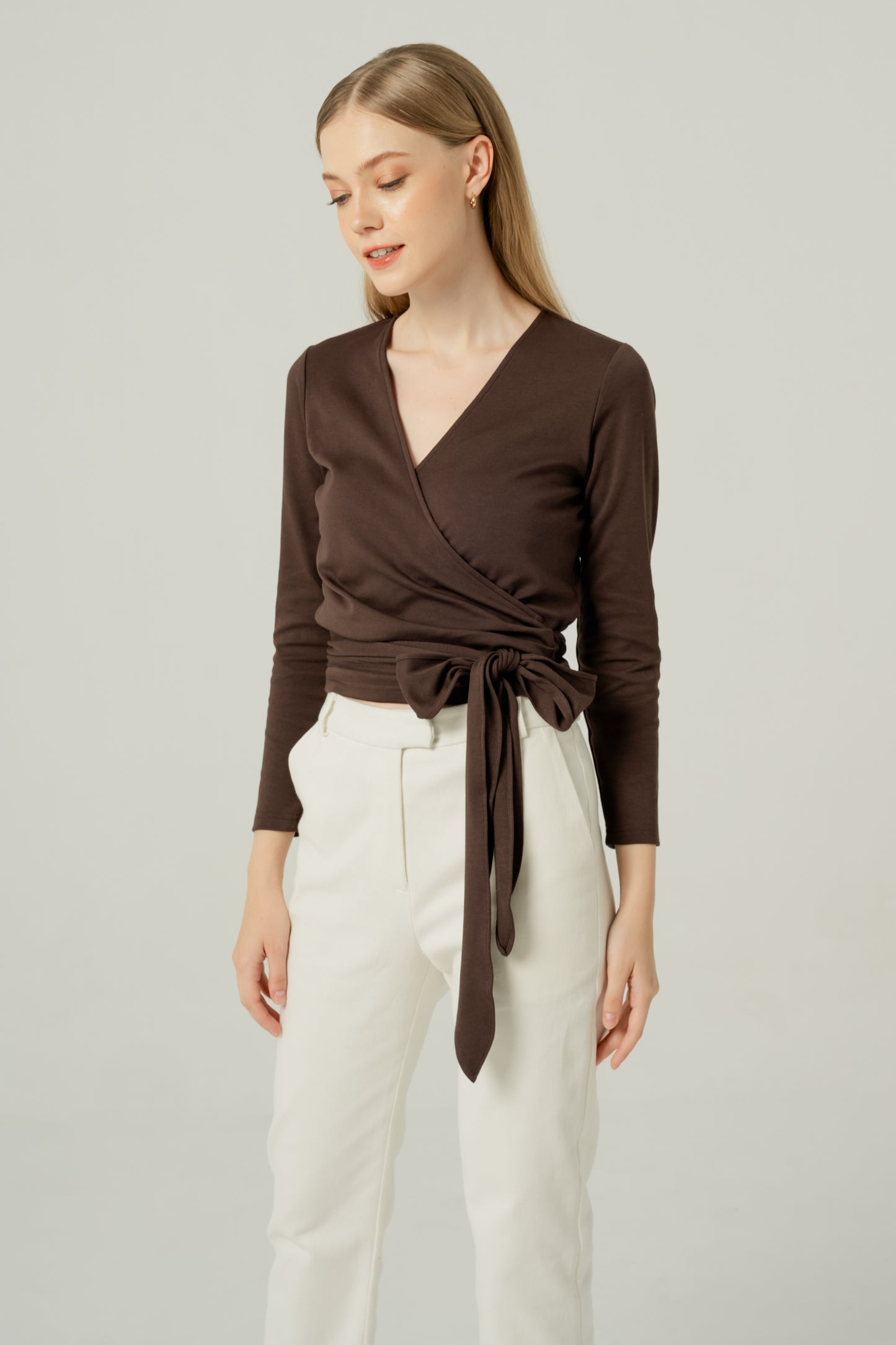 Long Sleeved Wrap Blouse - Chocolate