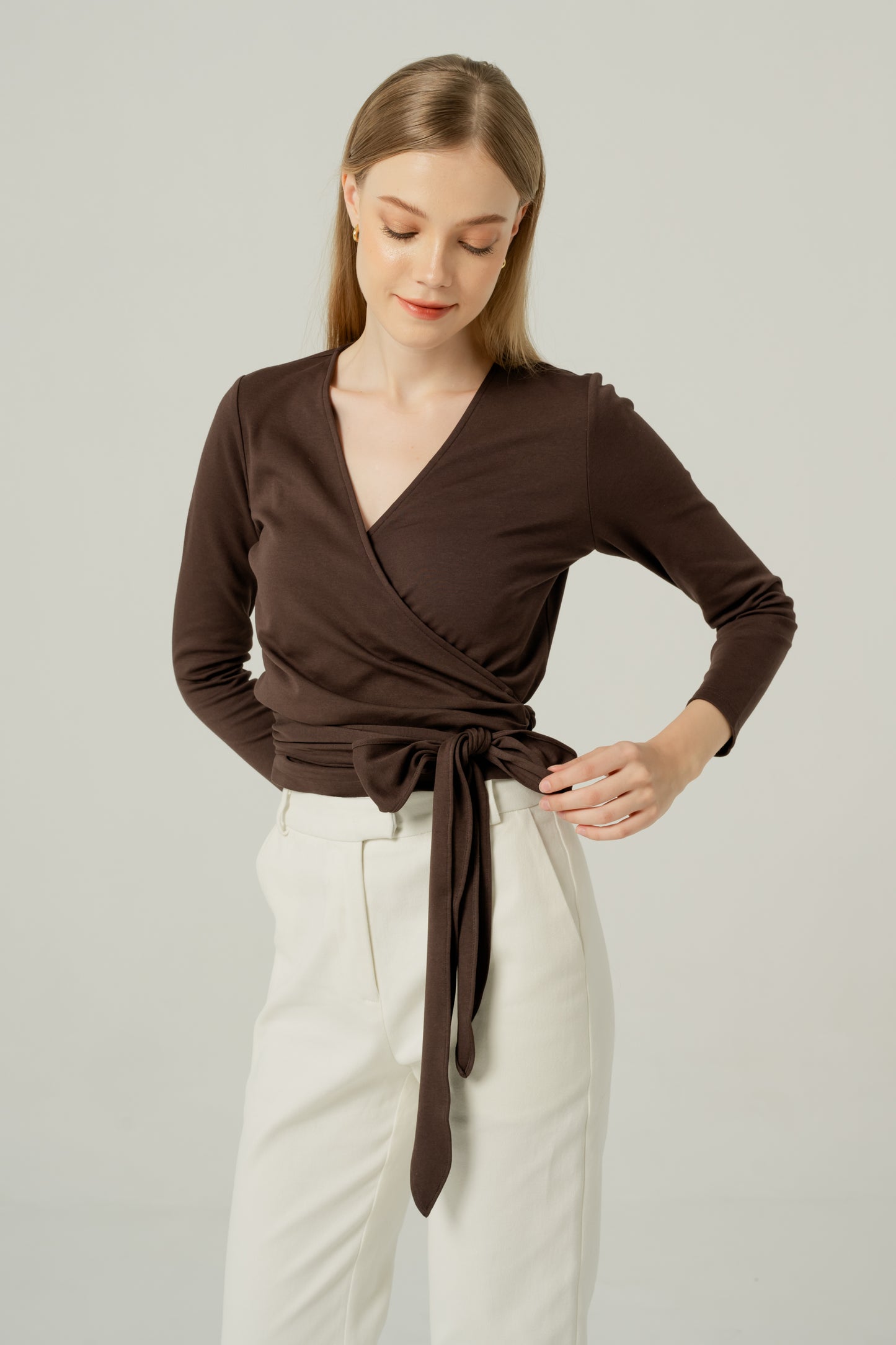 Long Sleeved Wrap Blouse - Chocolate