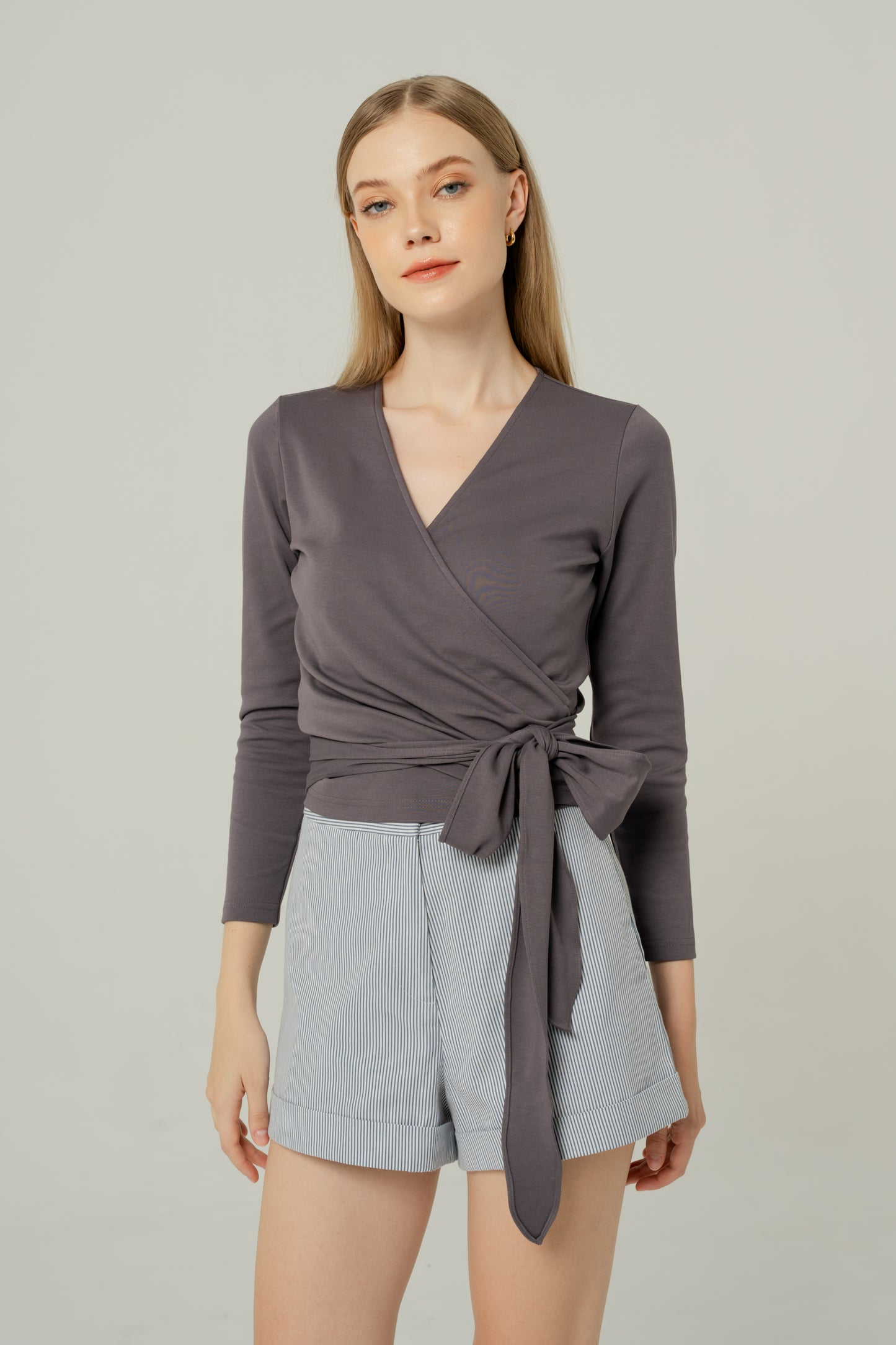 Long Sleeved Wrap Blouse - Slate