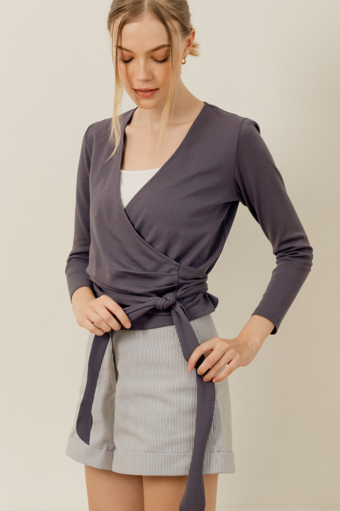 Long Sleeved Wrap Blouse - Slate