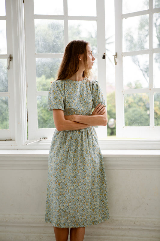 Puff Sleeved Wrap Tea Dress - Sunrise Garden