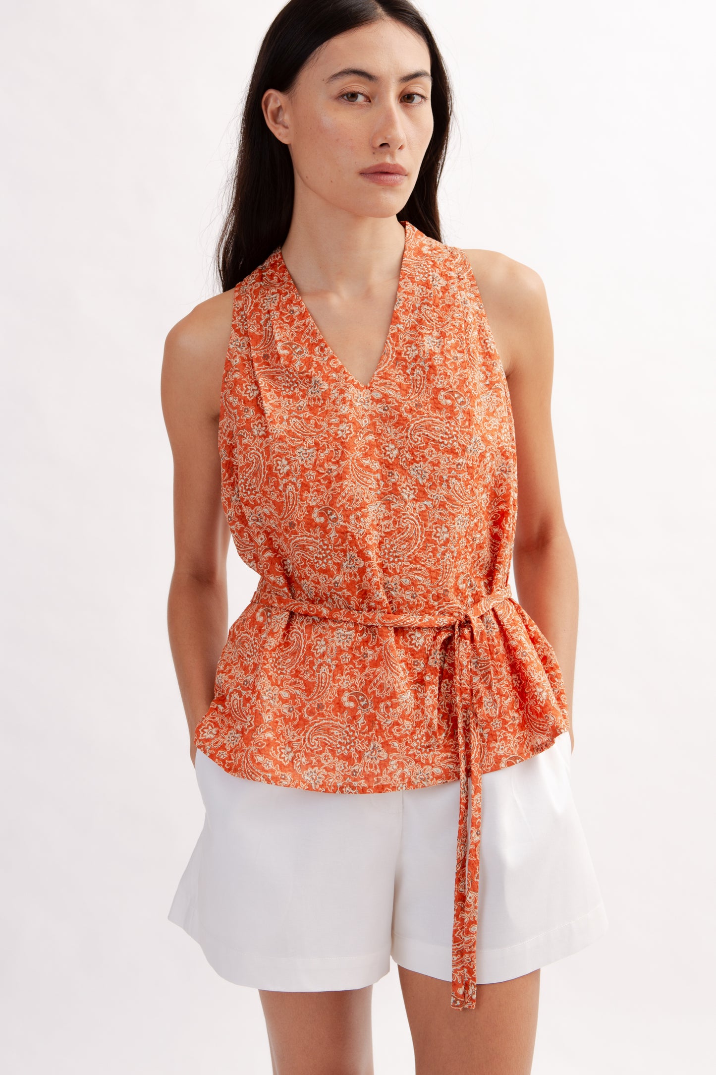 Relaxed V-Neck Blouse in Print - Burnt Orange