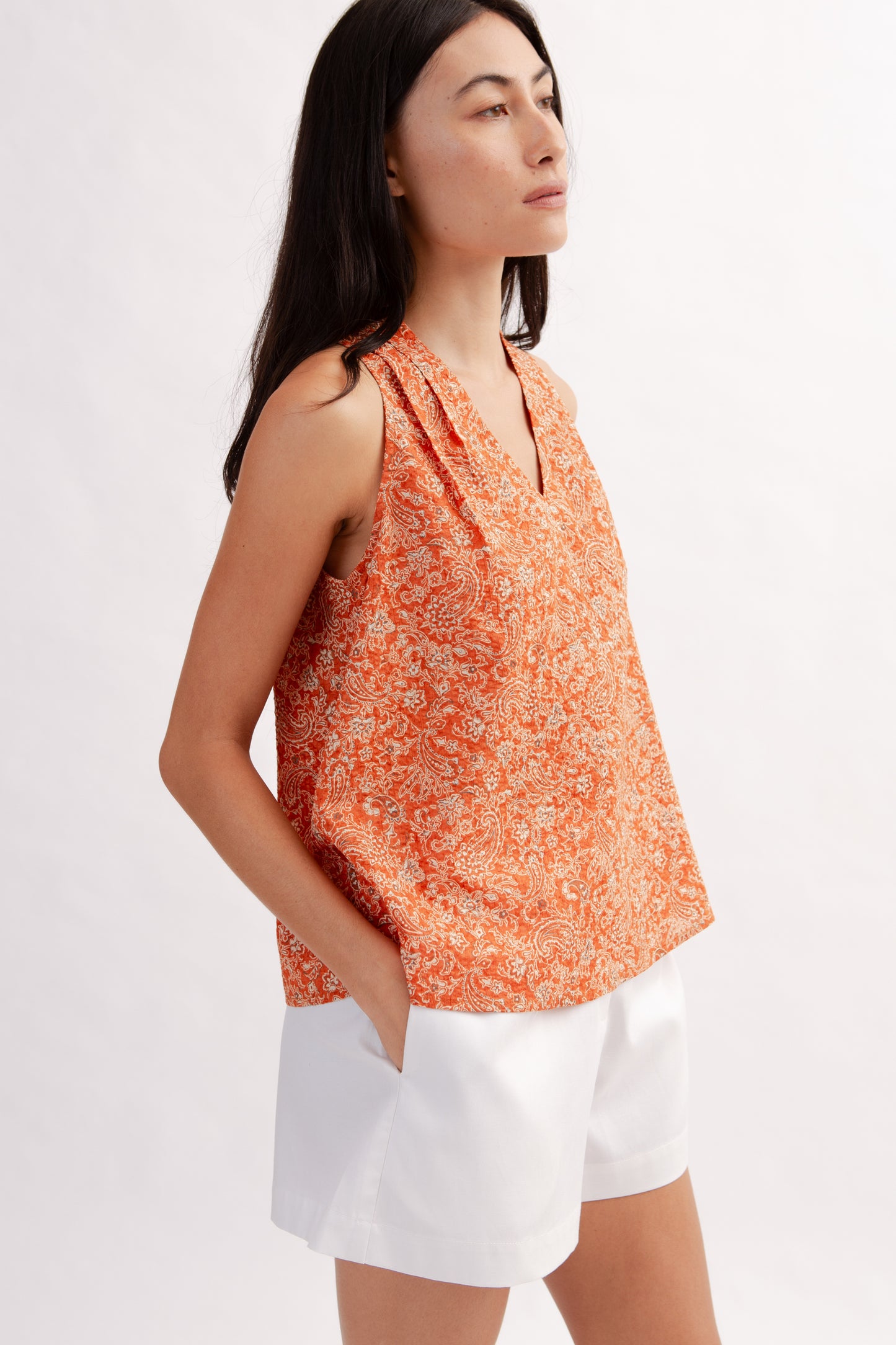 Relaxed V-Neck Blouse in Print - Burnt Orange