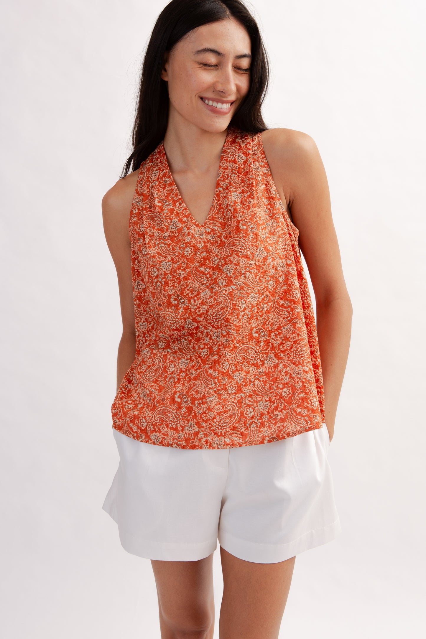 Relaxed V-Neck Blouse in Print - Burnt Orange