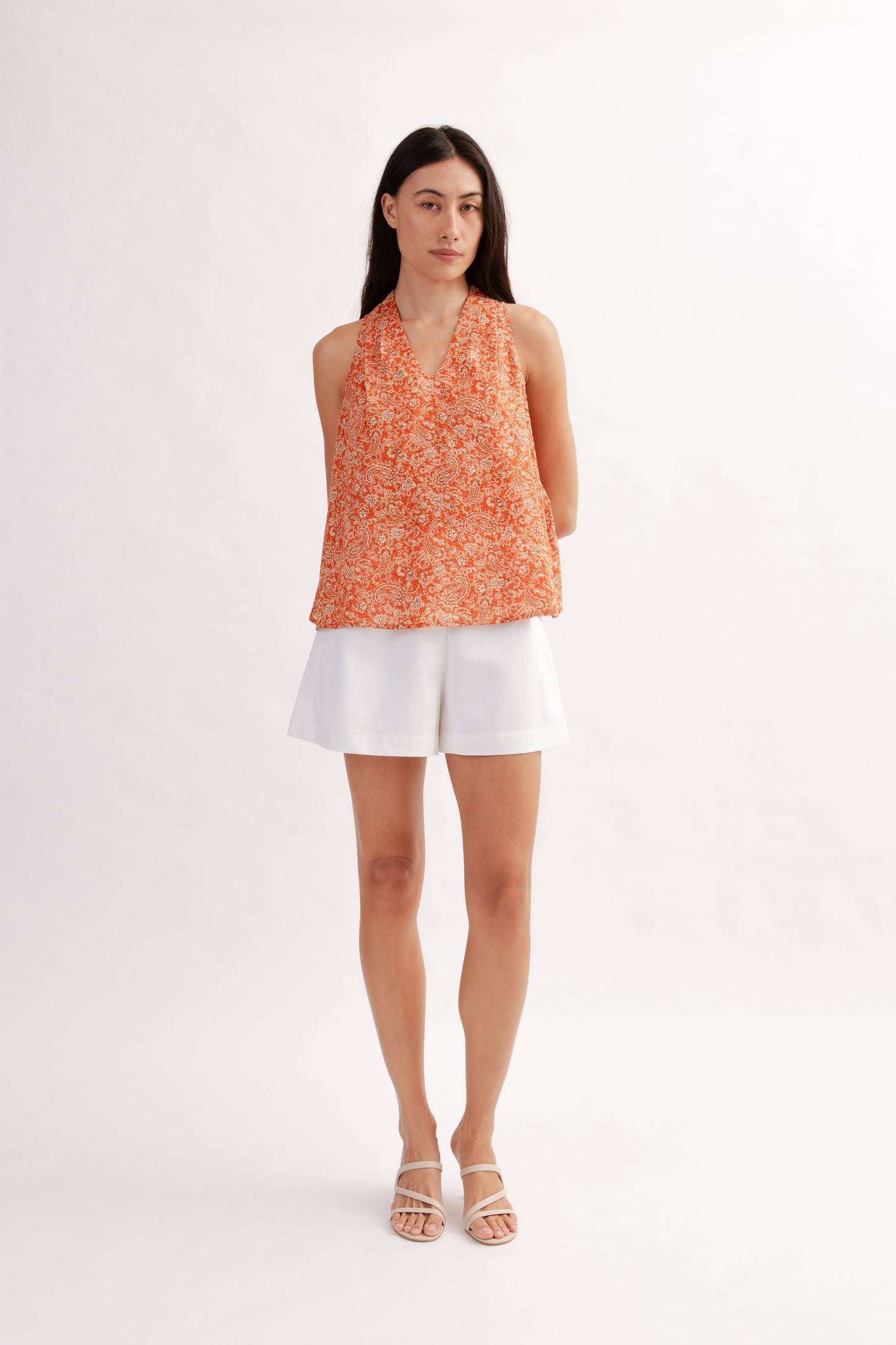 Relaxed V-Neck Blouse in Print - Burnt Orange