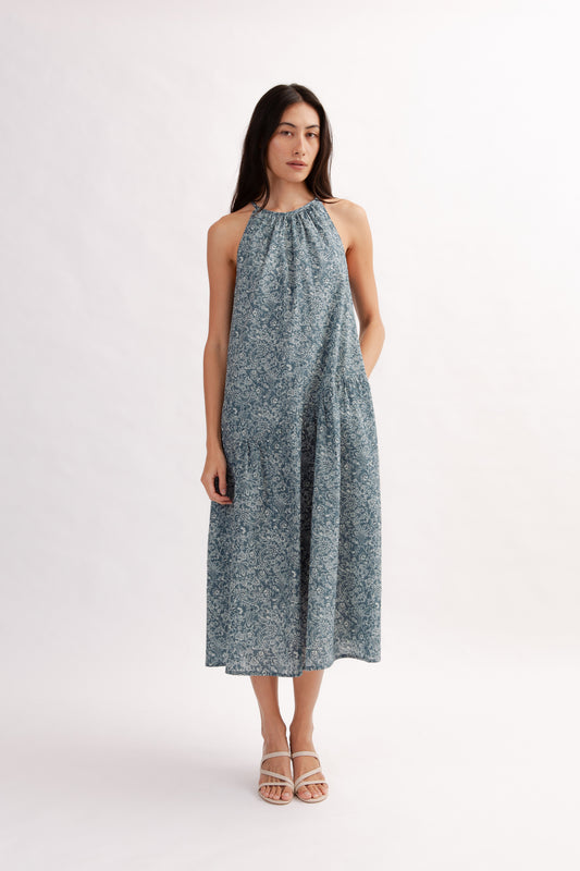 Asymmetrical Halter Dress in Print - Ocean
