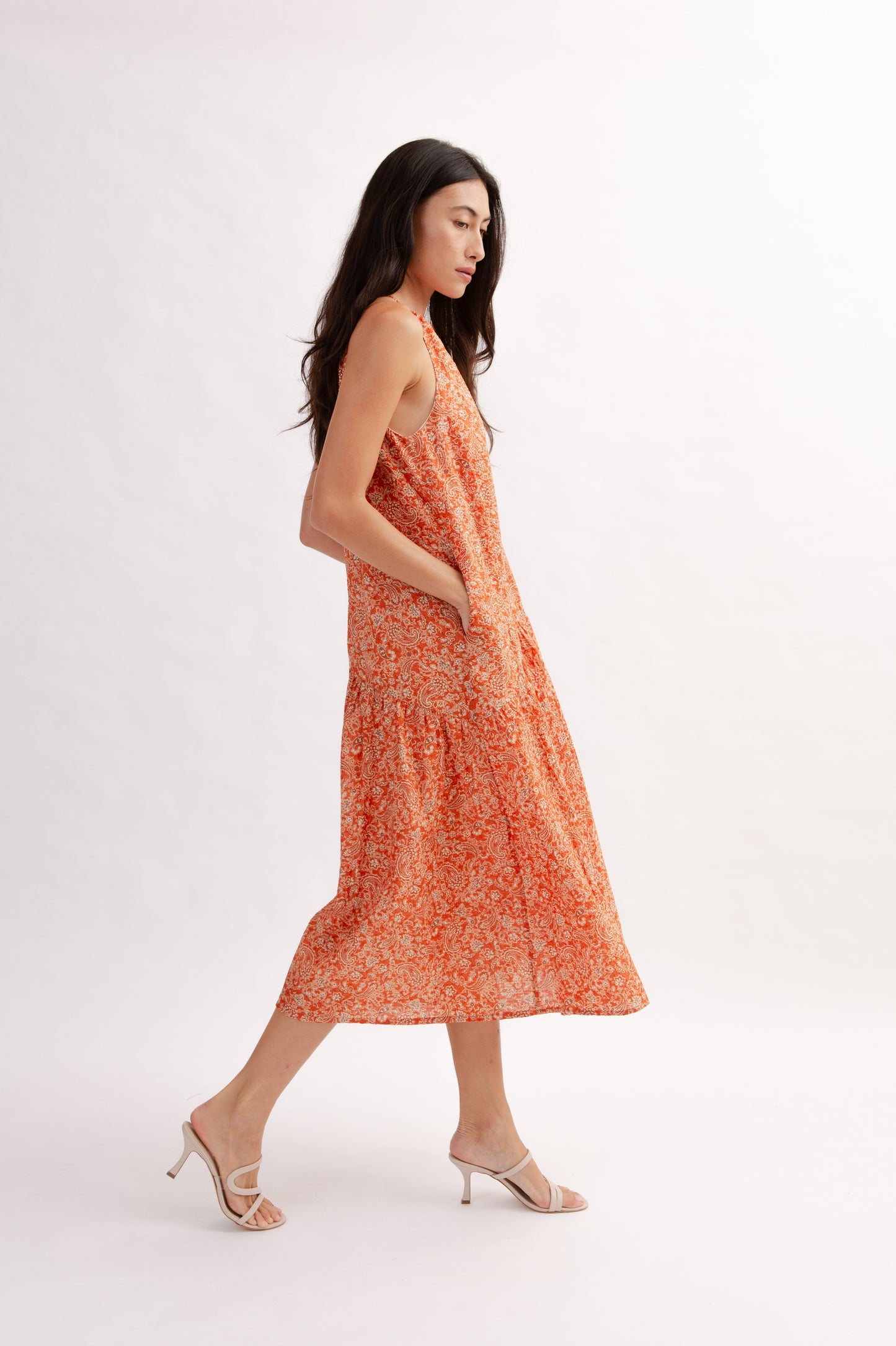 Asymmetrical Halter Dress in Print - Burnt Orange