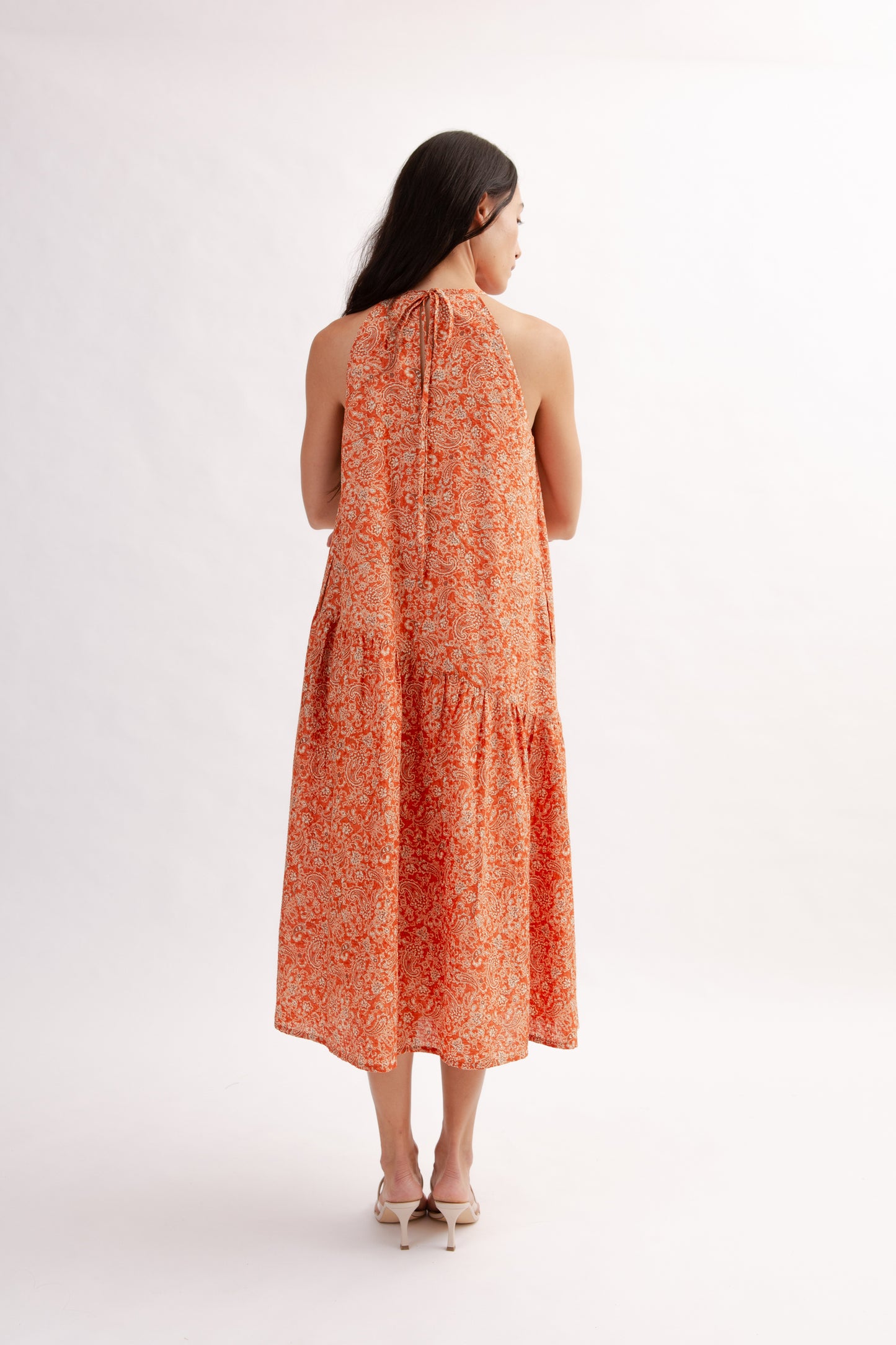 Asymmetrical Halter Dress in Print - Burnt Orange