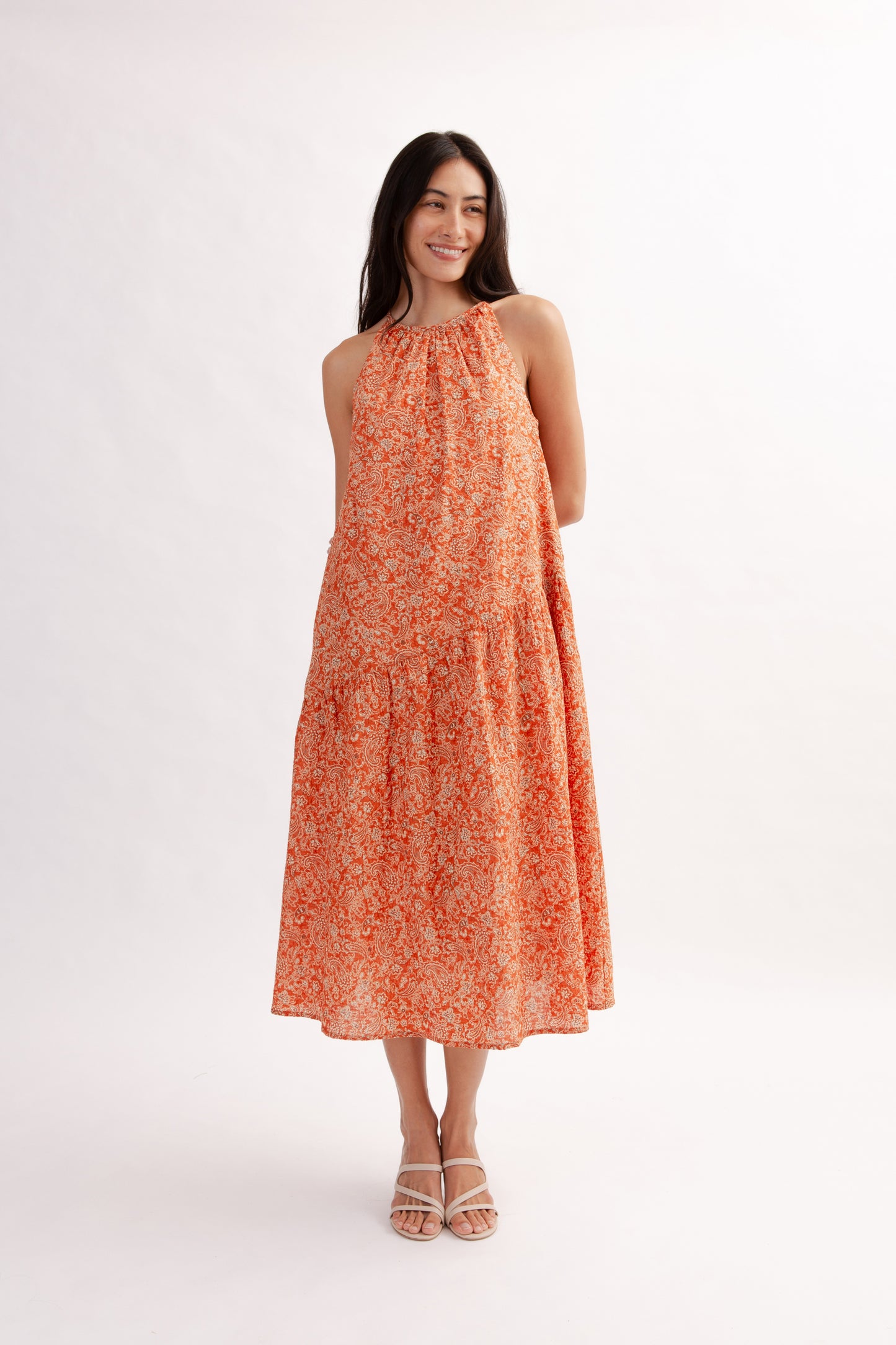 Asymmetrical Halter Dress in Print - Burnt Orange