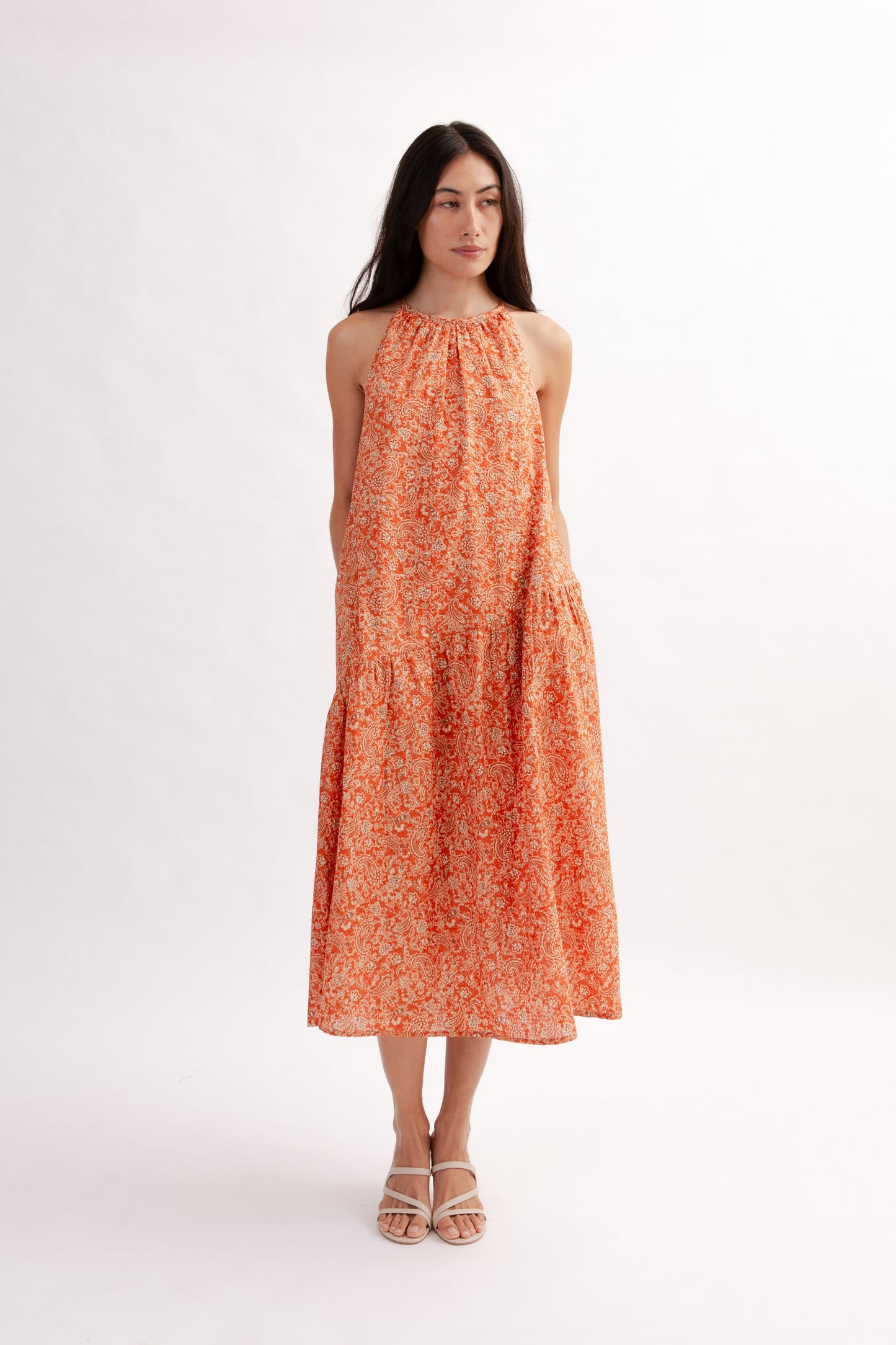 Asymmetrical Halter Dress in Print - Burnt Orange