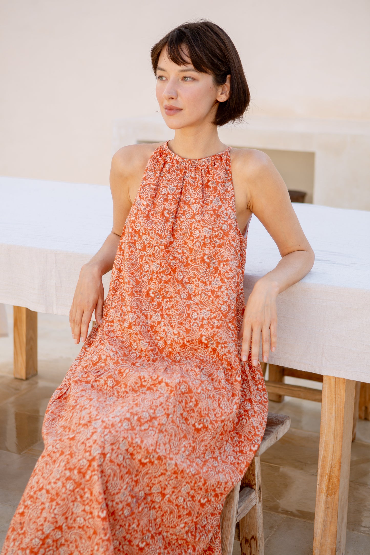 Asymmetrical Halter Dress in Print - Burnt Orange