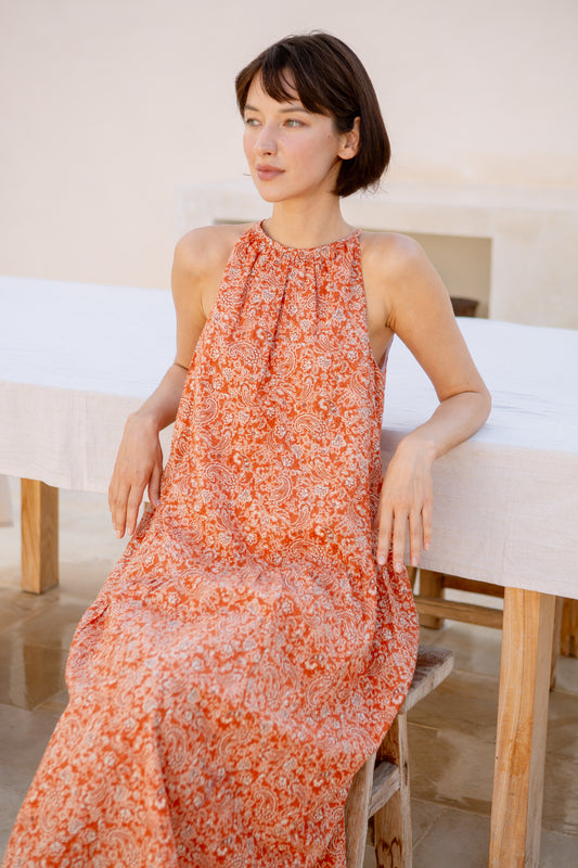 Asymmetrical Halter Dress in Print - Burnt Orange