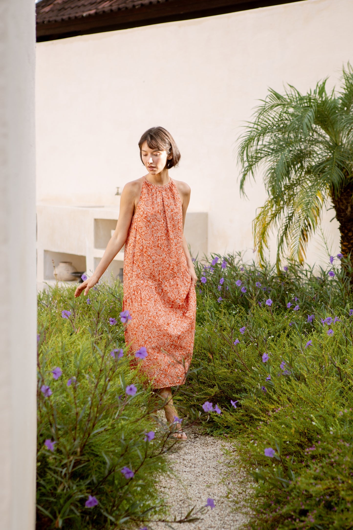 Asymmetrical Halter Dress in Print - Burnt Orange