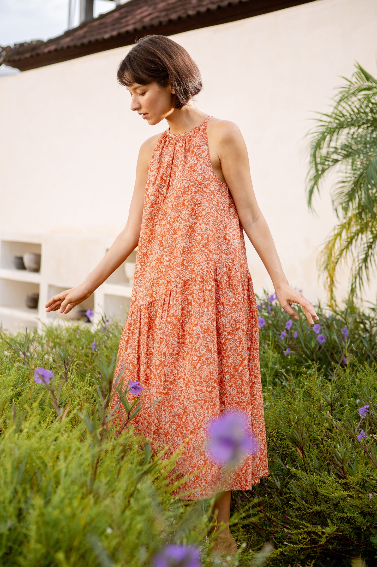 Asymmetrical Halter Dress in Print - Burnt Orange