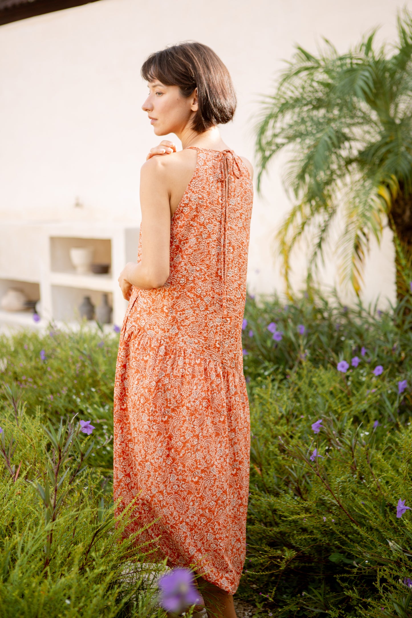 Asymmetrical Halter Dress in Print - Burnt Orange