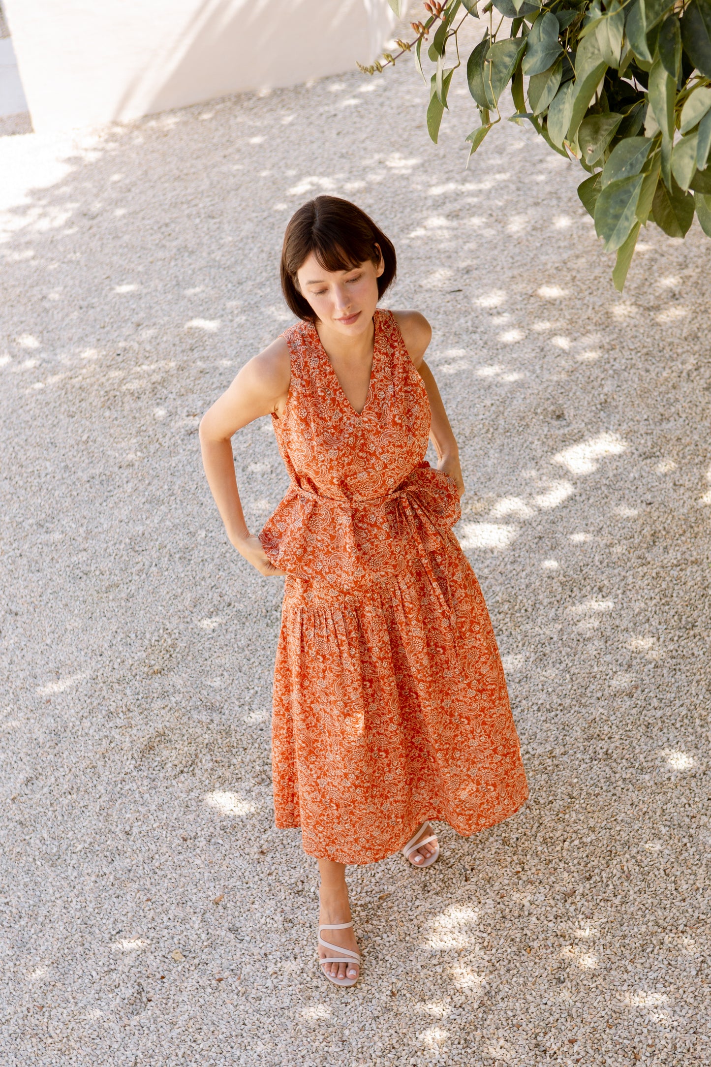 Relaxed V-Neck Blouse in Print - Burnt Orange