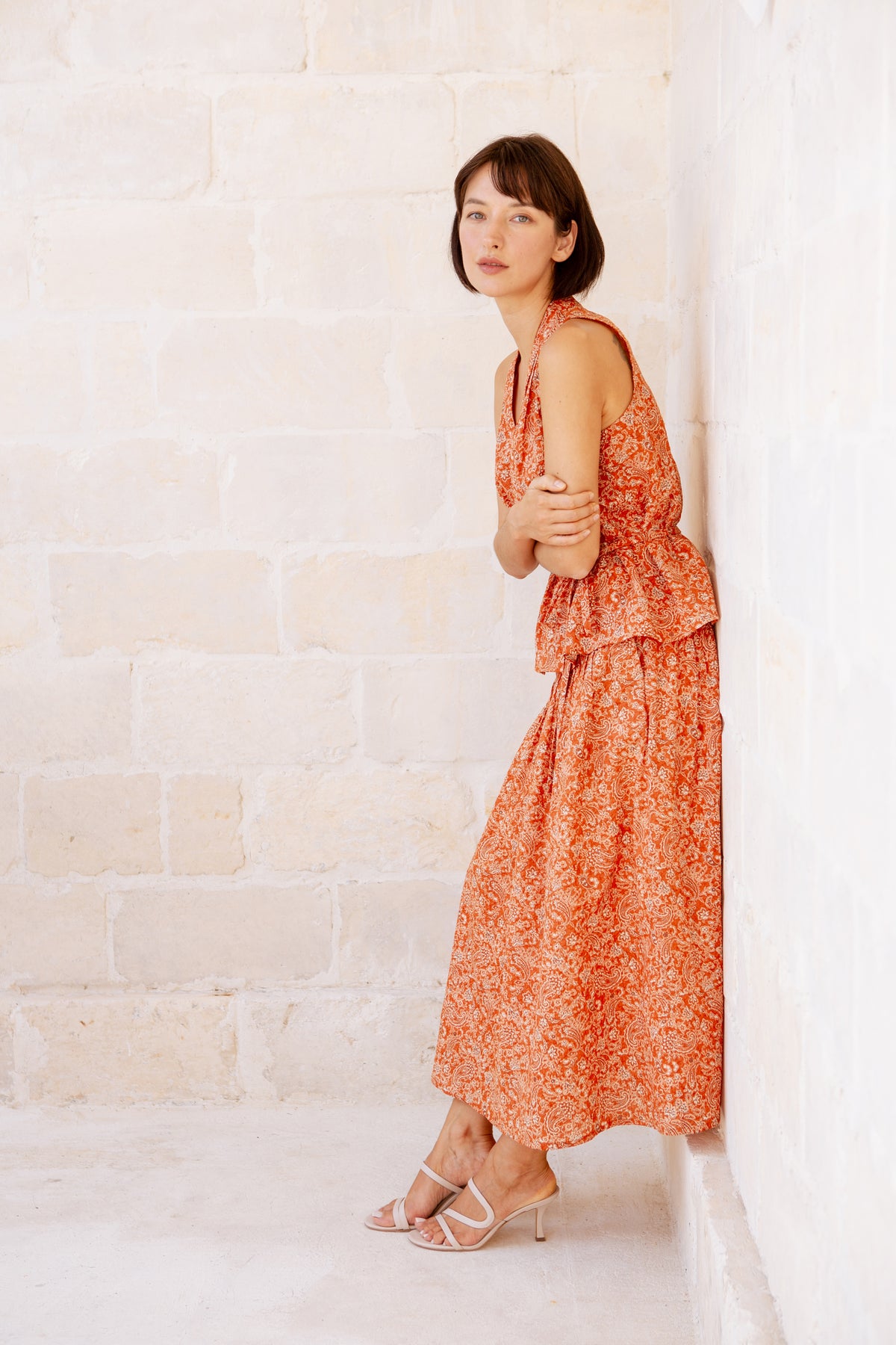 Asymmetrical Tea Skirt in Print - Burnt Orange