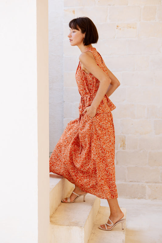 Asymmetrical Tea Skirt in Print - Burnt Orange