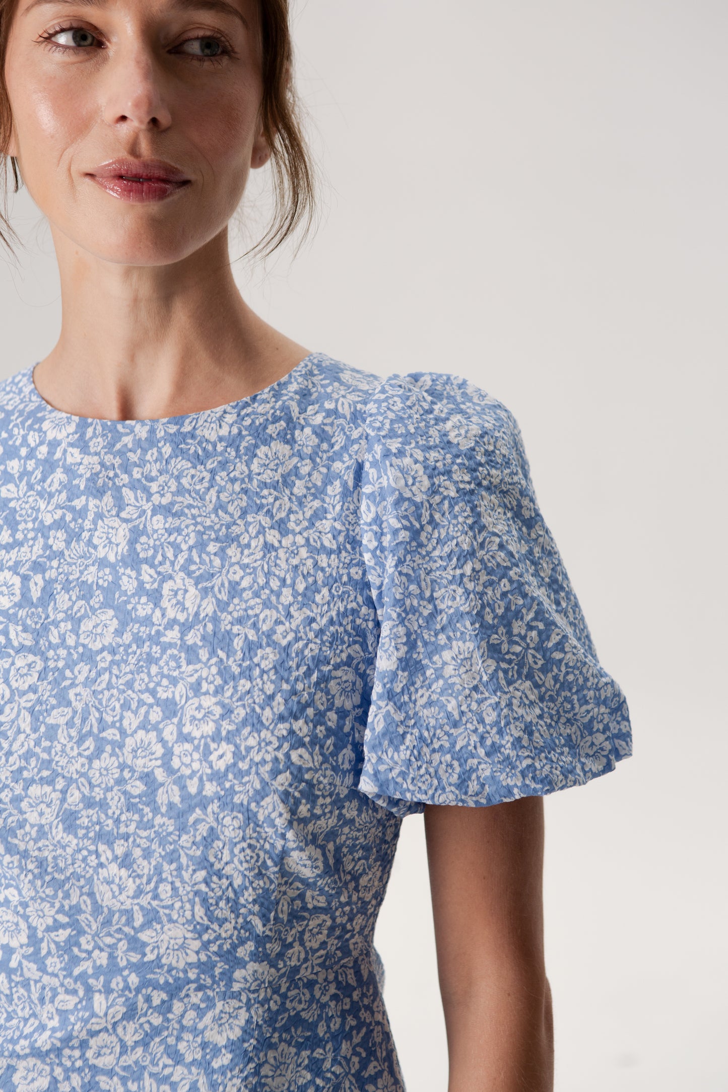 Puff Sleeved A-Line Tea Dress - Soft Blue
