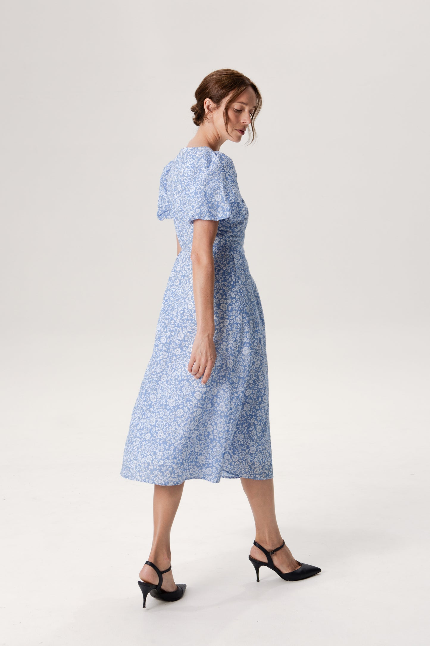 Puff Sleeved A-Line Tea Dress - Soft Blue