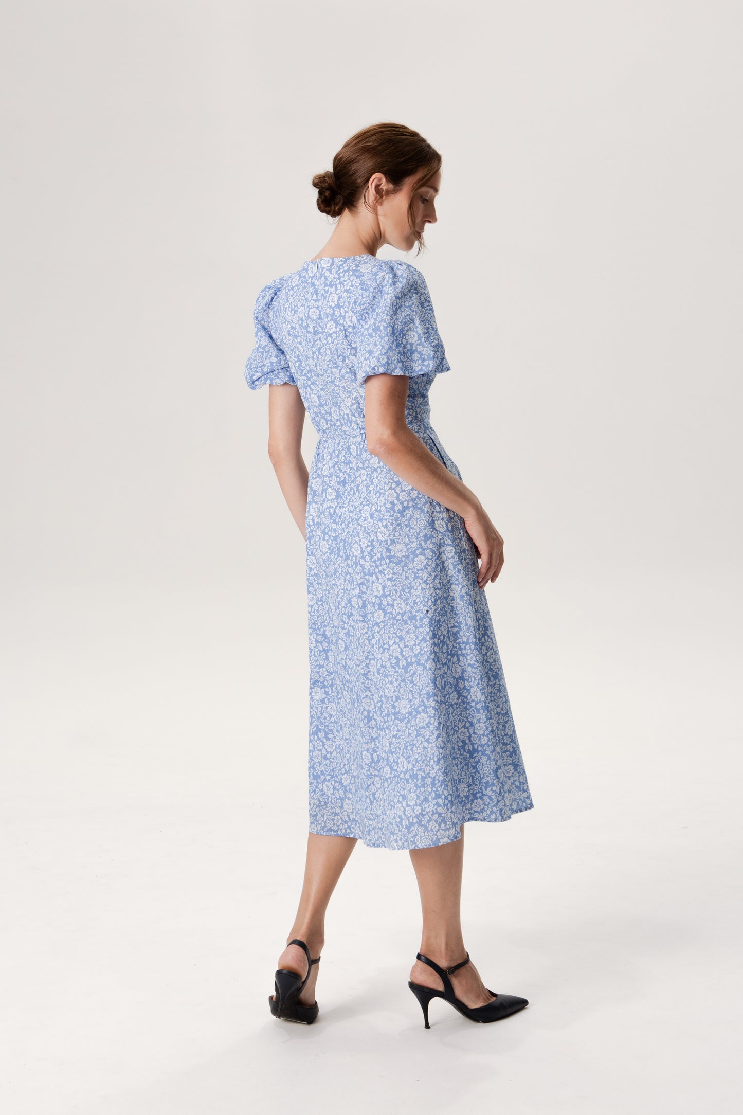 Puff Sleeved A-Line Tea Dress - Soft Blue