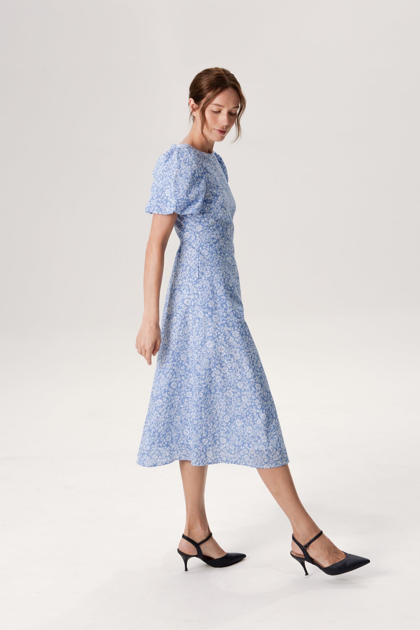 Puff Sleeved A-Line Tea Dress - Soft Blue
