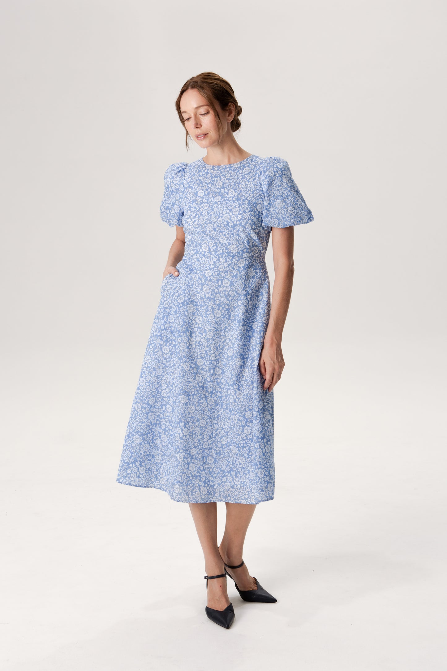 Puff Sleeved A-Line Tea Dress - Soft Blue
