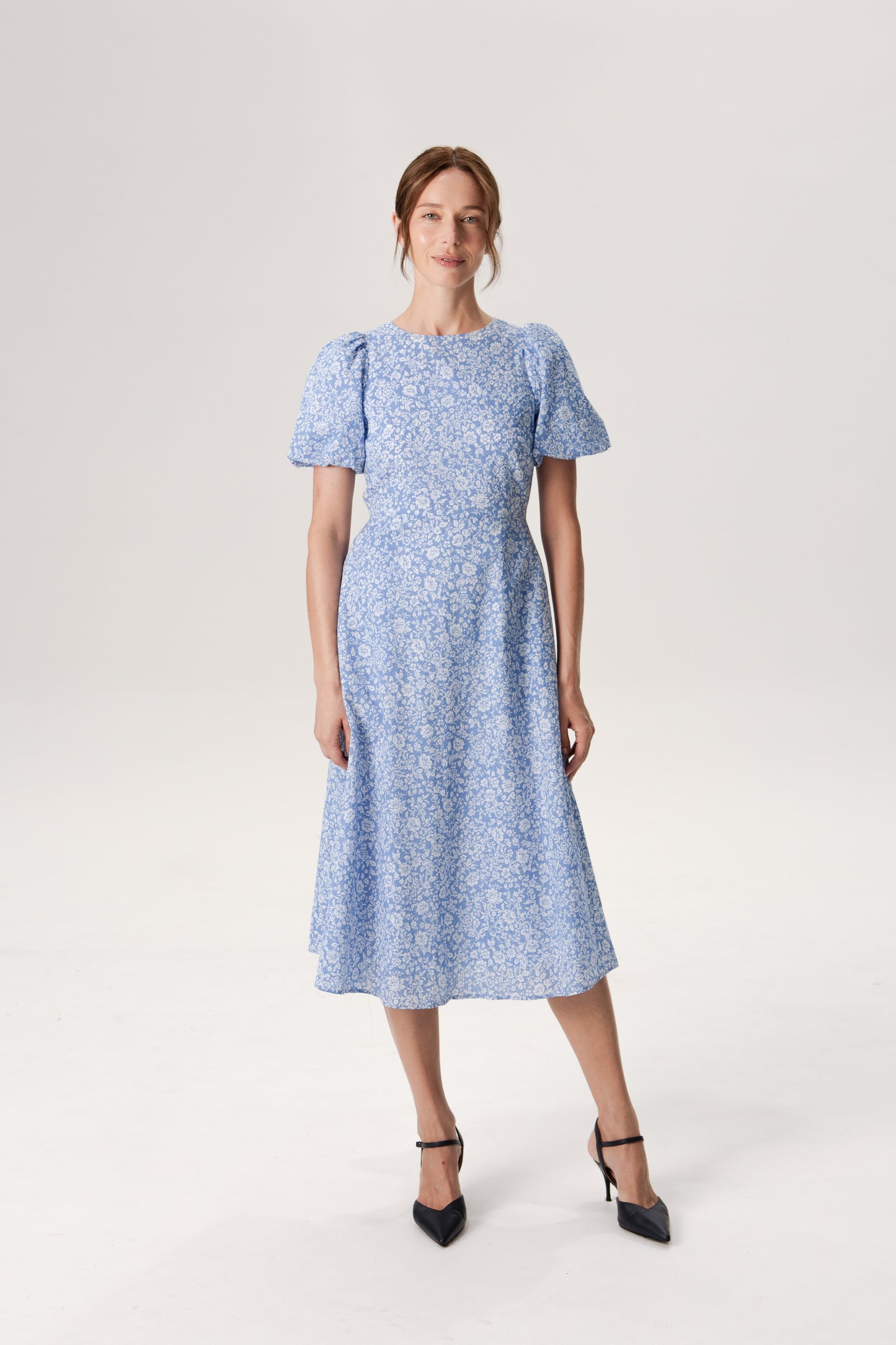 Puff Sleeved A-Line Tea Dress - Soft Blue