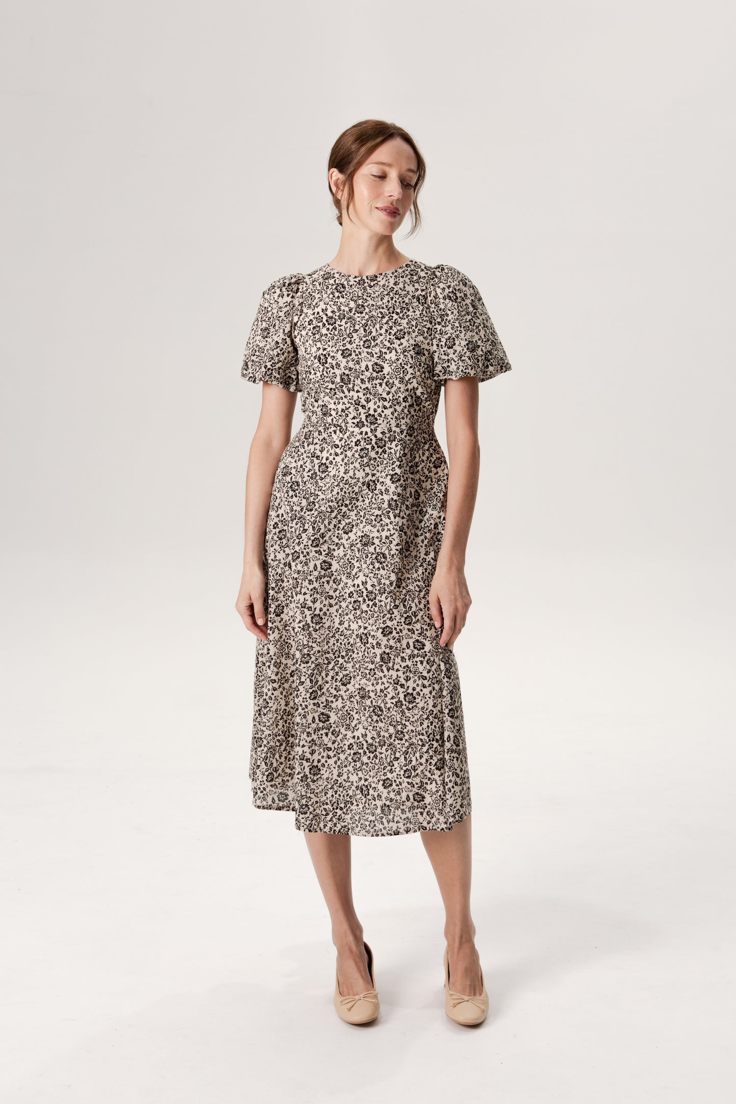 Puff Sleeved A-Line Tea Dress - Ink
