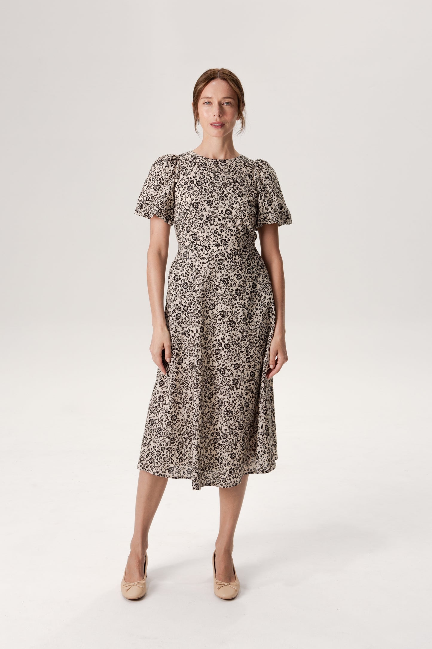 Puff Sleeved A-Line Tea Dress - Ink