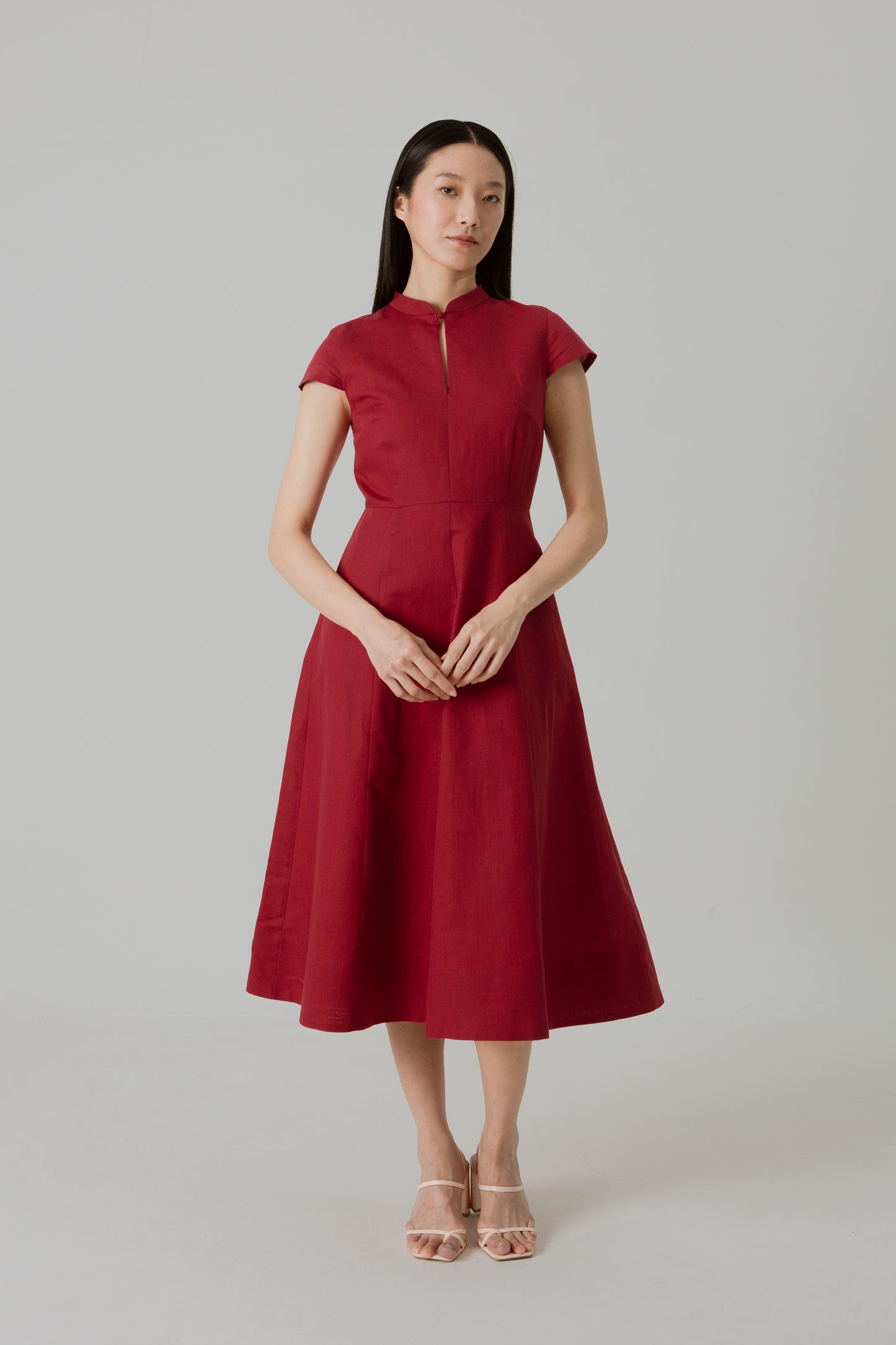 Stand Collar Tea Dress in Linen - Cherry