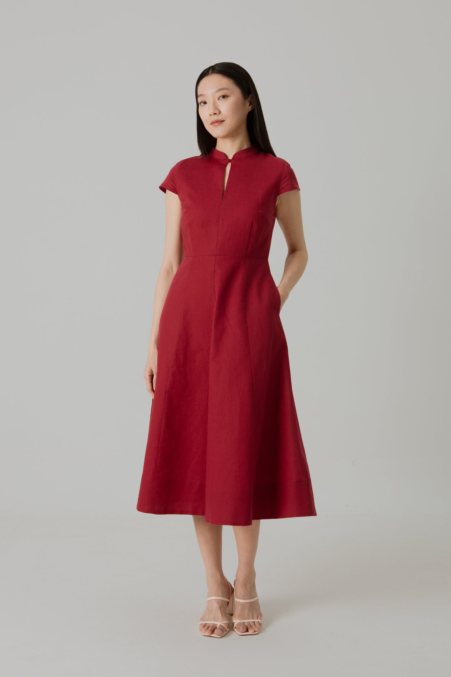 Stand Collar Tea Dress in Linen - Cherry