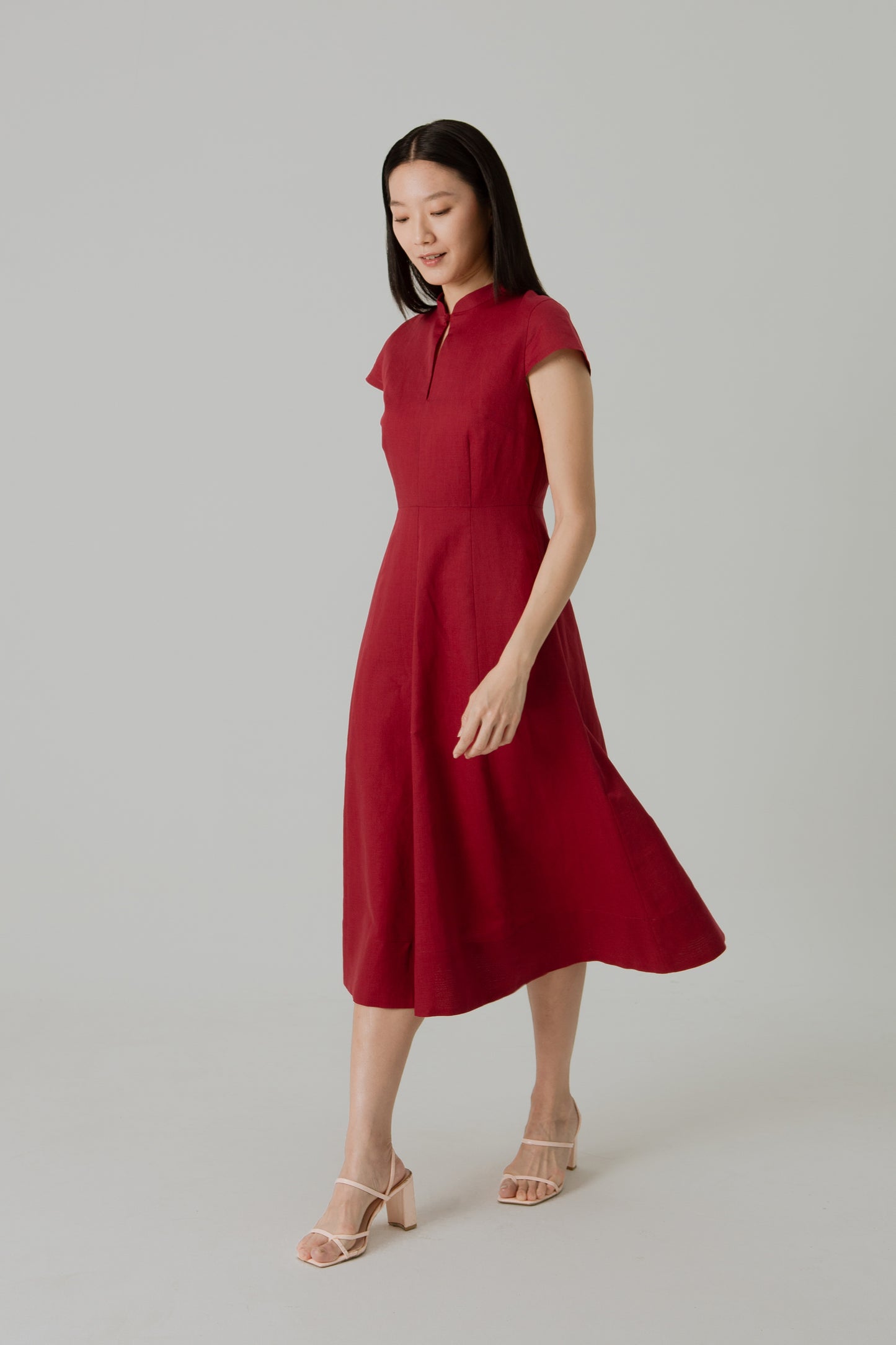 Stand Collar Tea Dress in Linen - Cherry