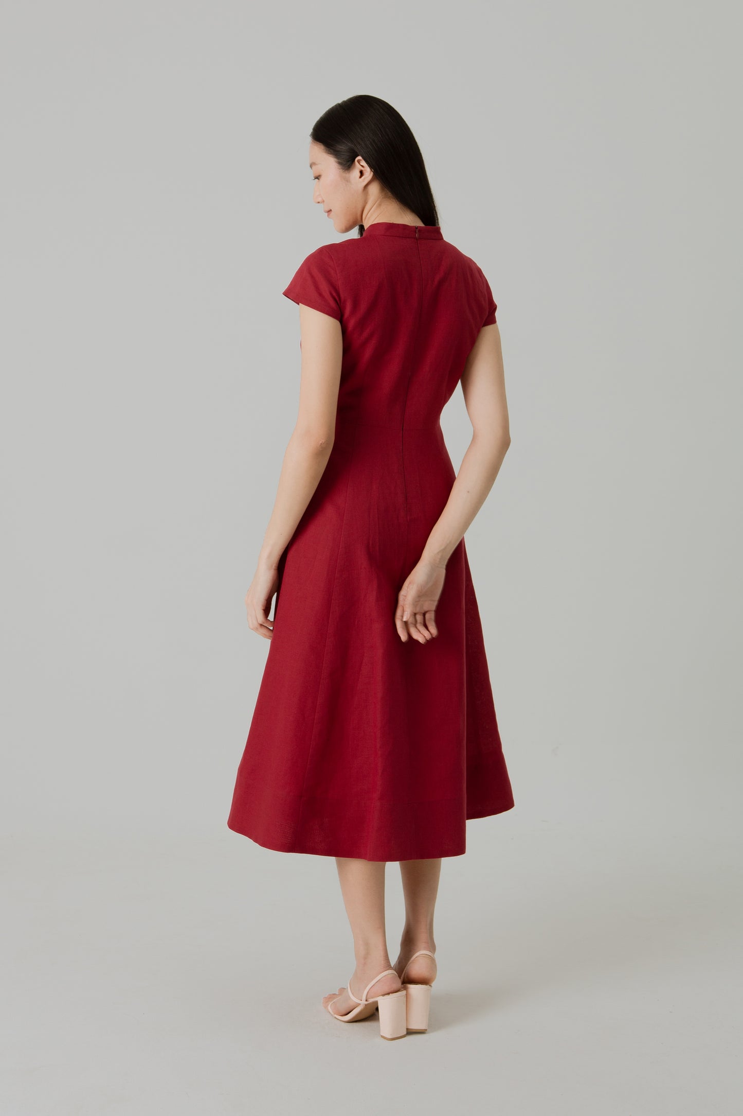 Stand Collar Tea Dress in Linen - Cherry
