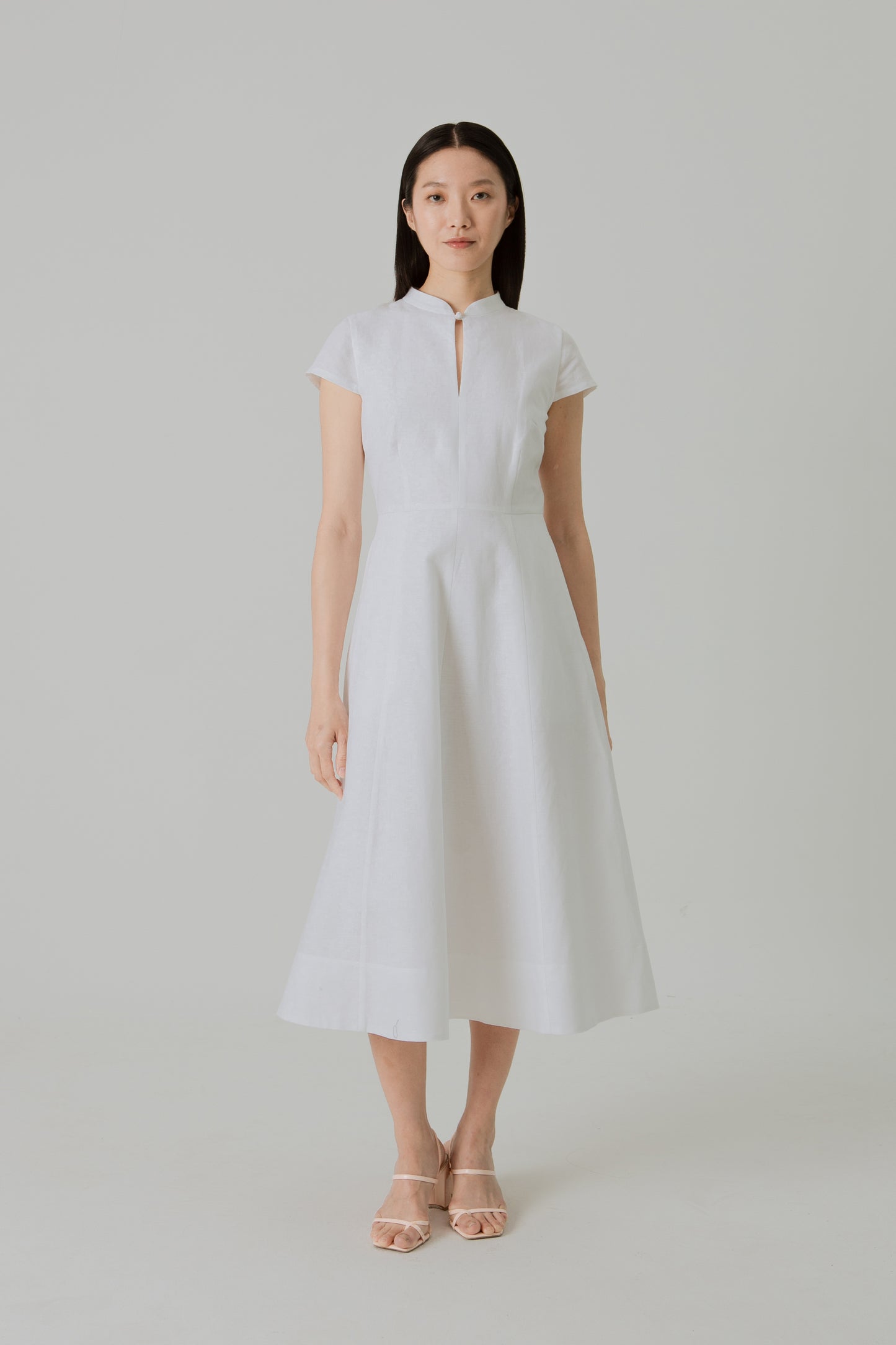 Stand Collar Tea Dress in Linen - White