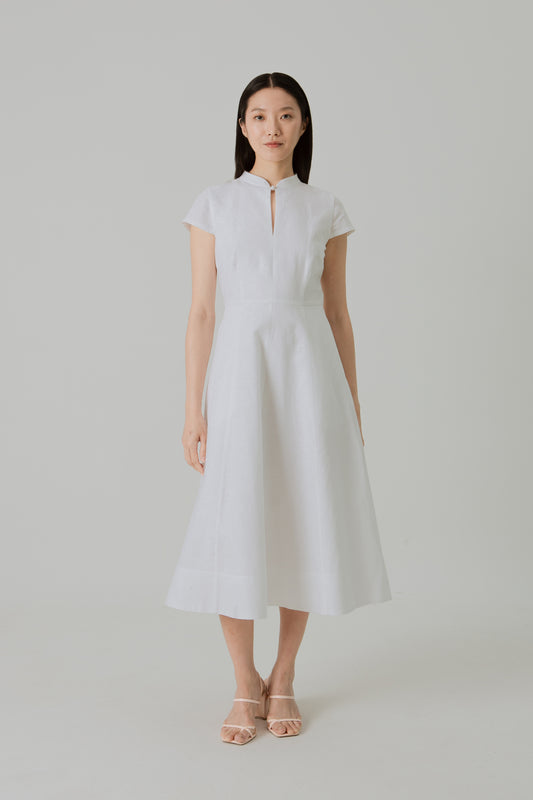 Stand Collar Tea Dress in Linen - White