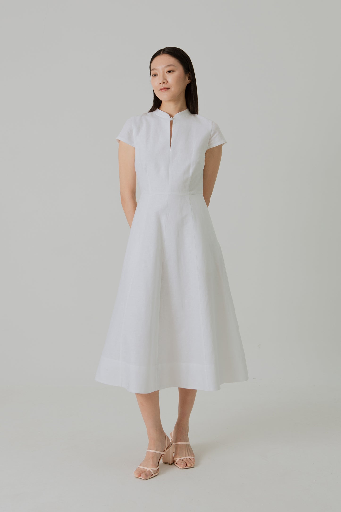 Stand Collar Tea Dress in Linen - White