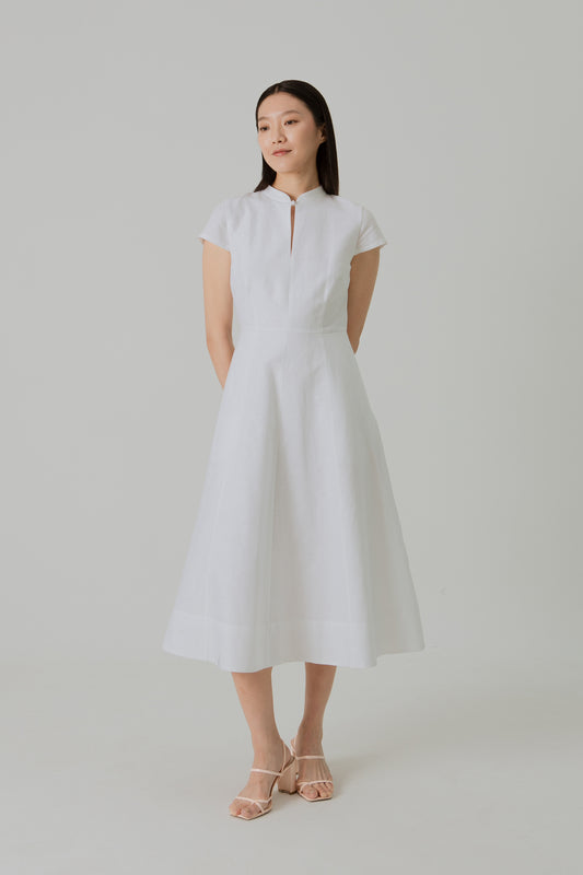 Stand Collar Tea Dress in Linen - White