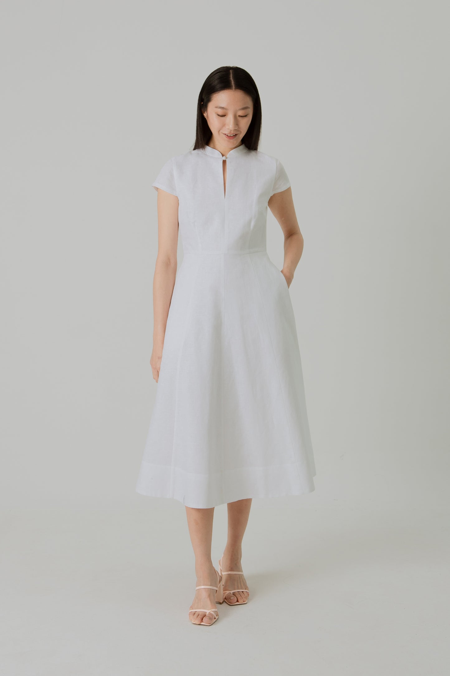 Stand Collar Tea Dress in Linen - White