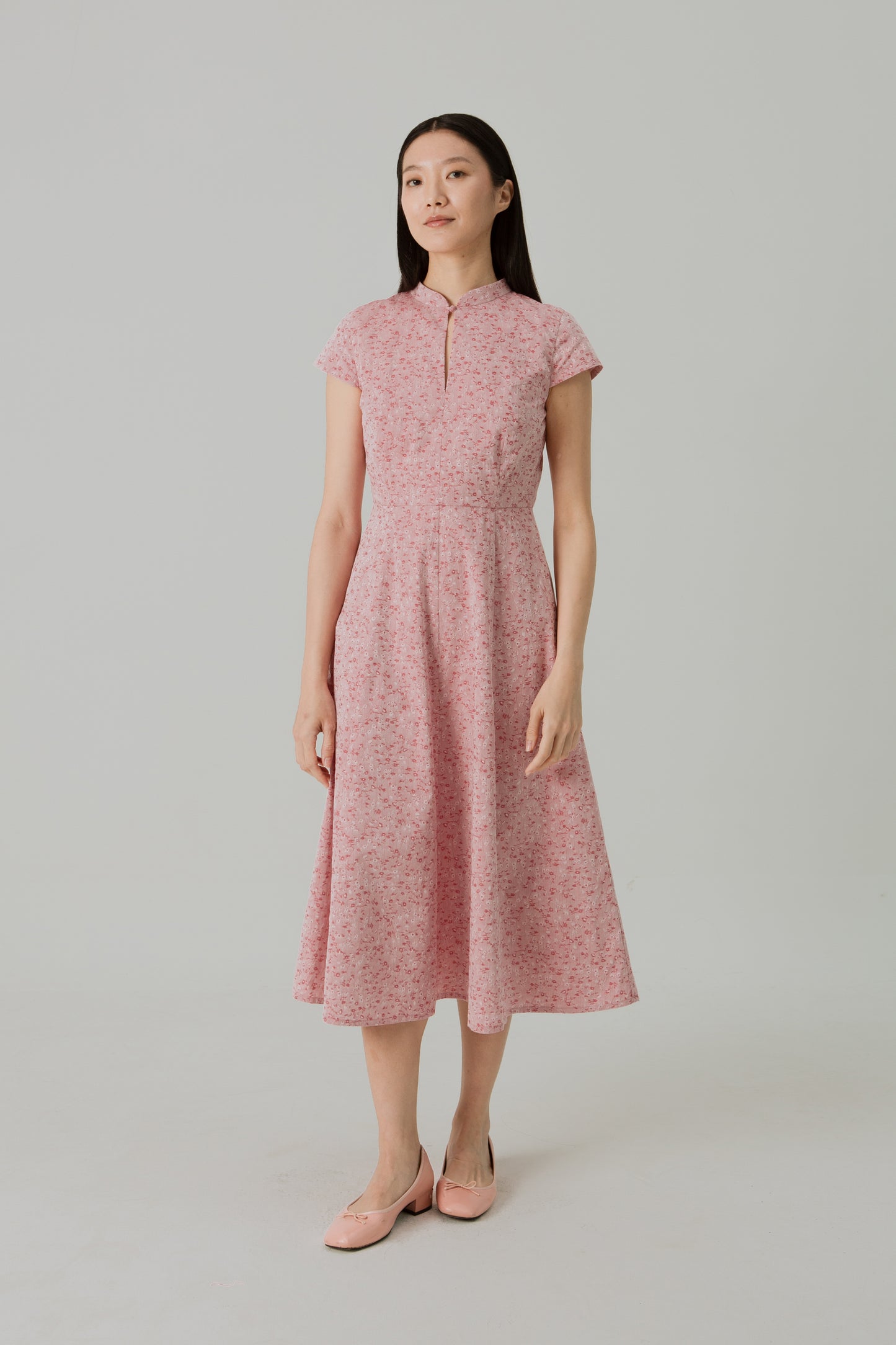 Stand Collar Tea Dress in Floral Jacquard - Classic Red