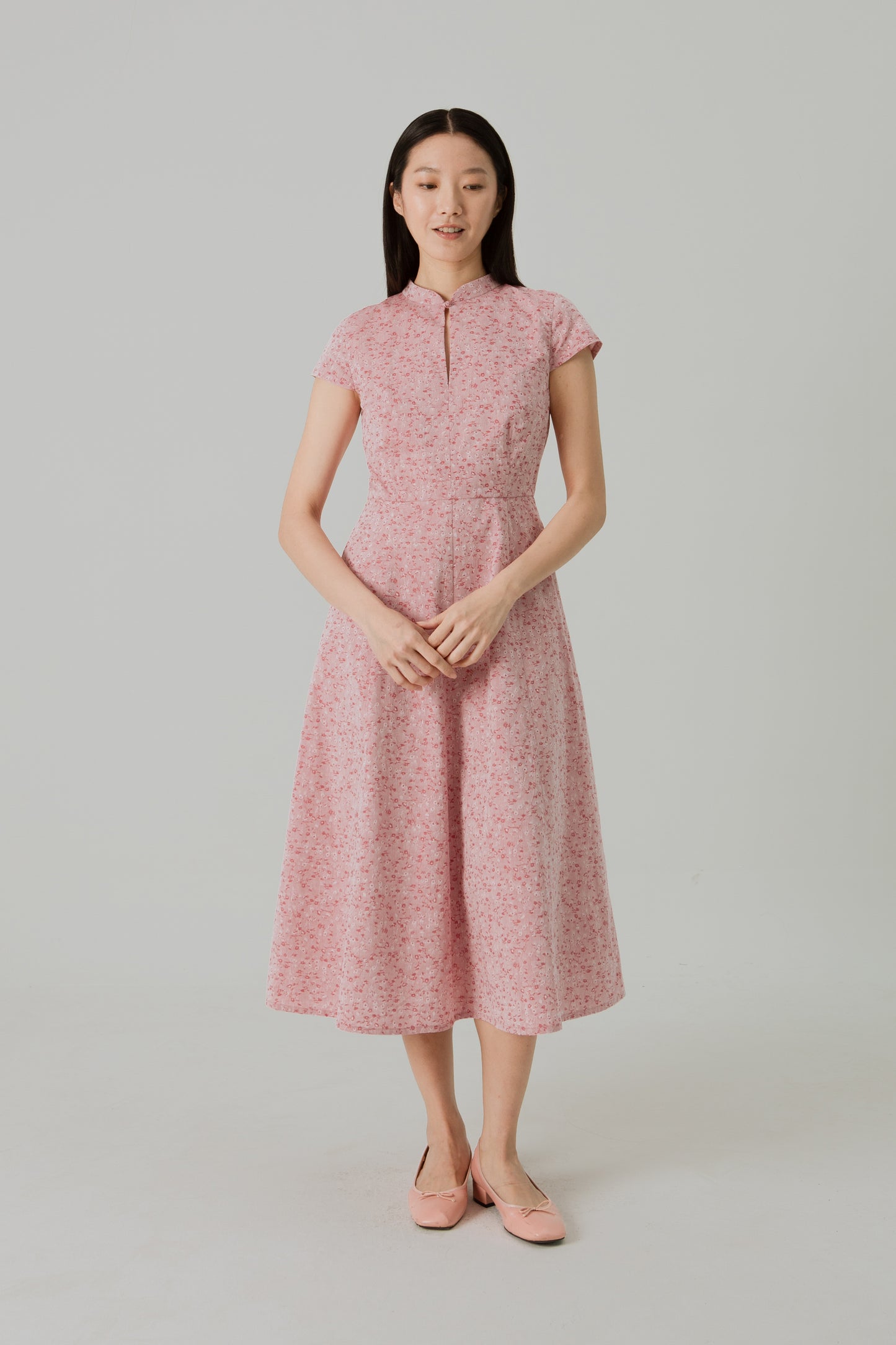 Stand Collar Tea Dress in Floral Jacquard - Classic Red