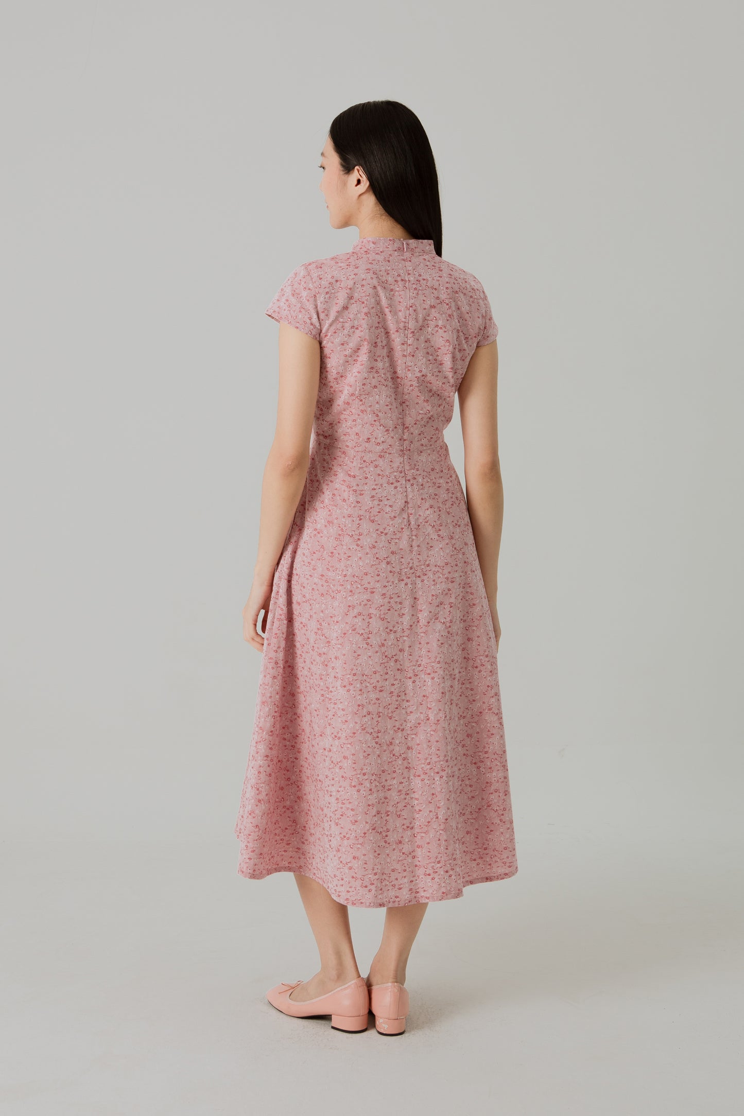 Stand Collar Tea Dress in Floral Jacquard - Classic Red