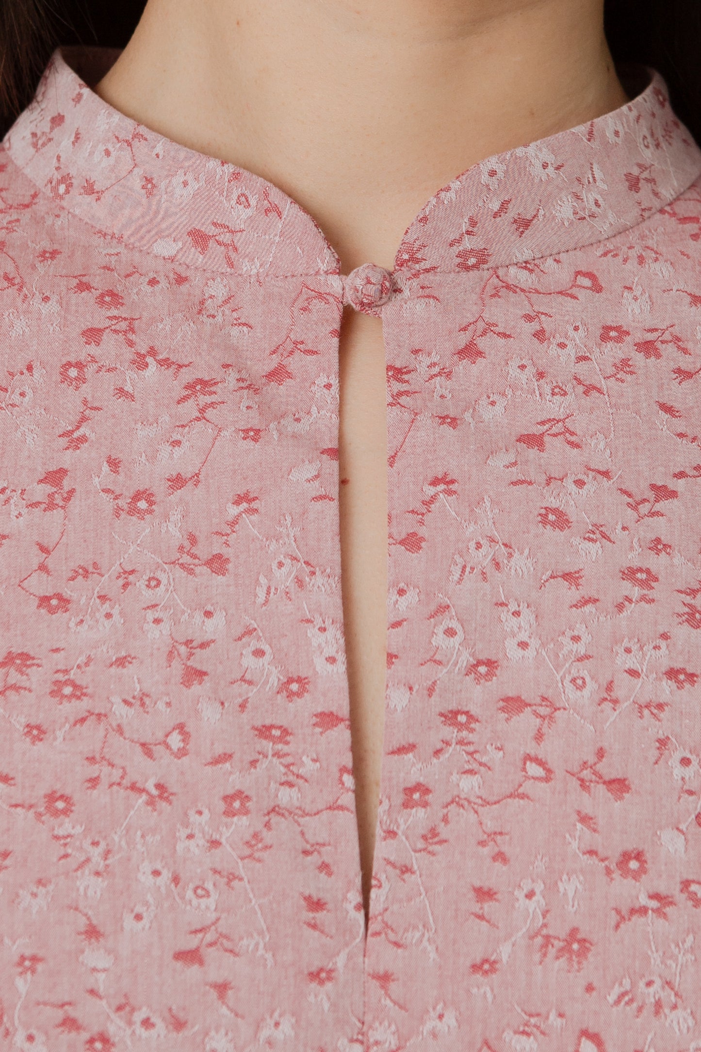 Stand Collar Tea Dress in Floral Jacquard - Classic Red