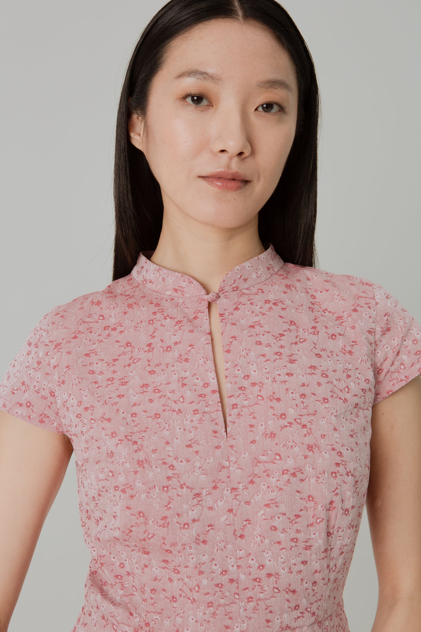 Stand Collar Tea Dress in Floral Jacquard - Classic Red