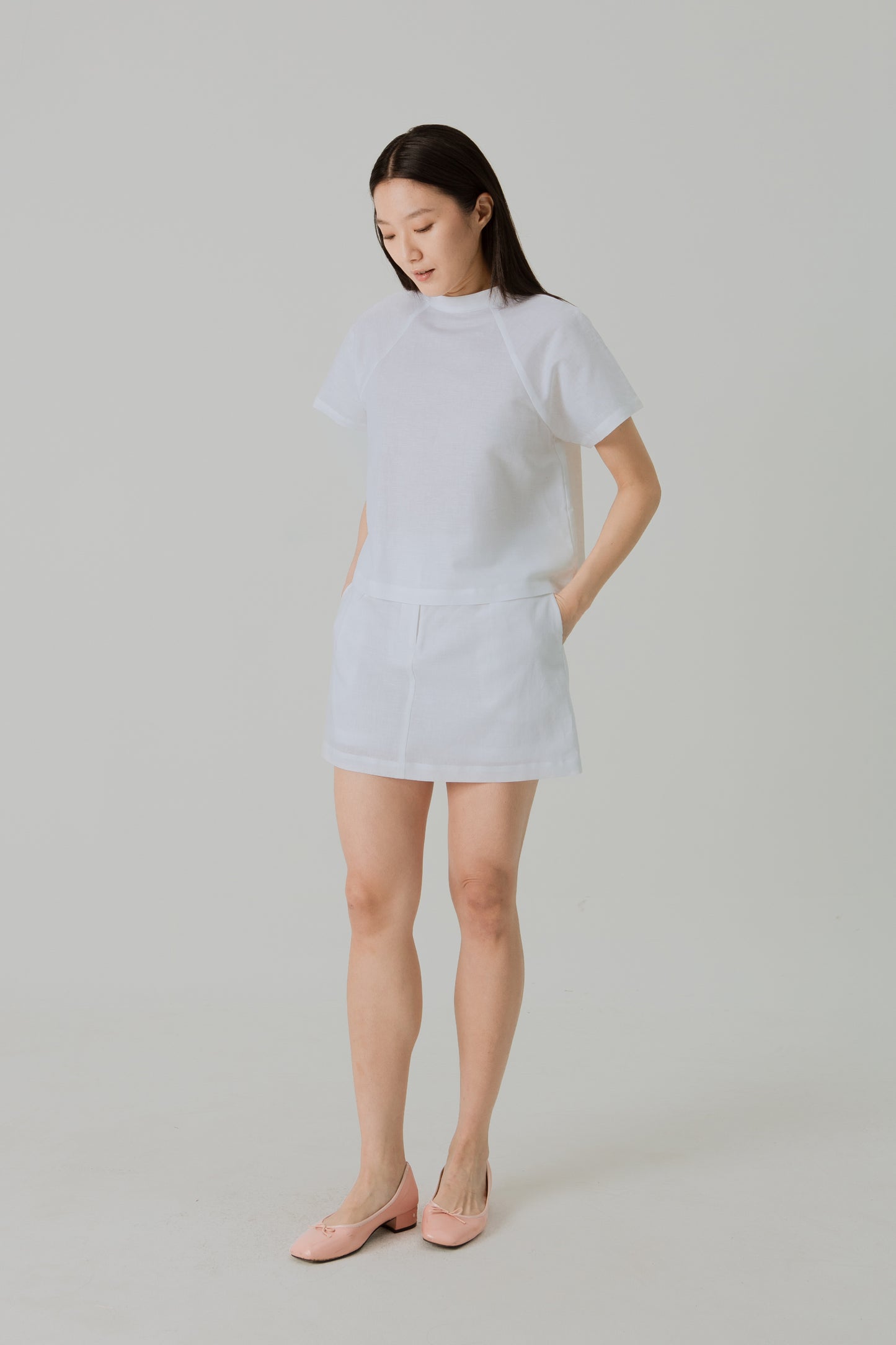 Stand Collar Blouse in Linen - White