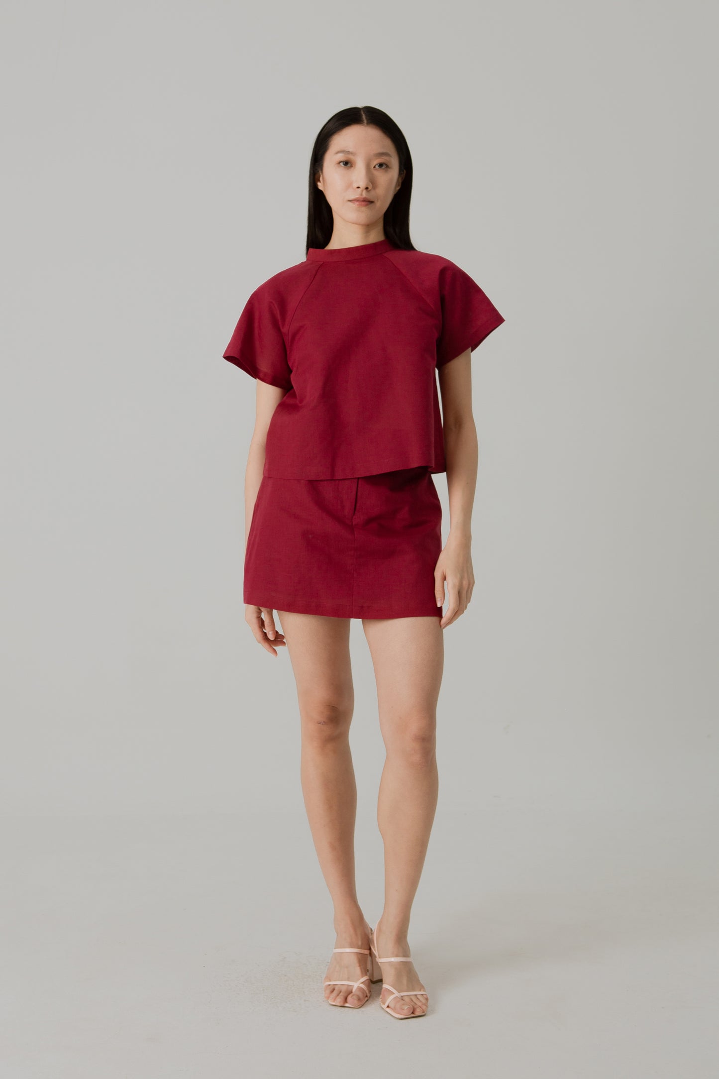 Stand Collar Blouse in Linen - Cherry