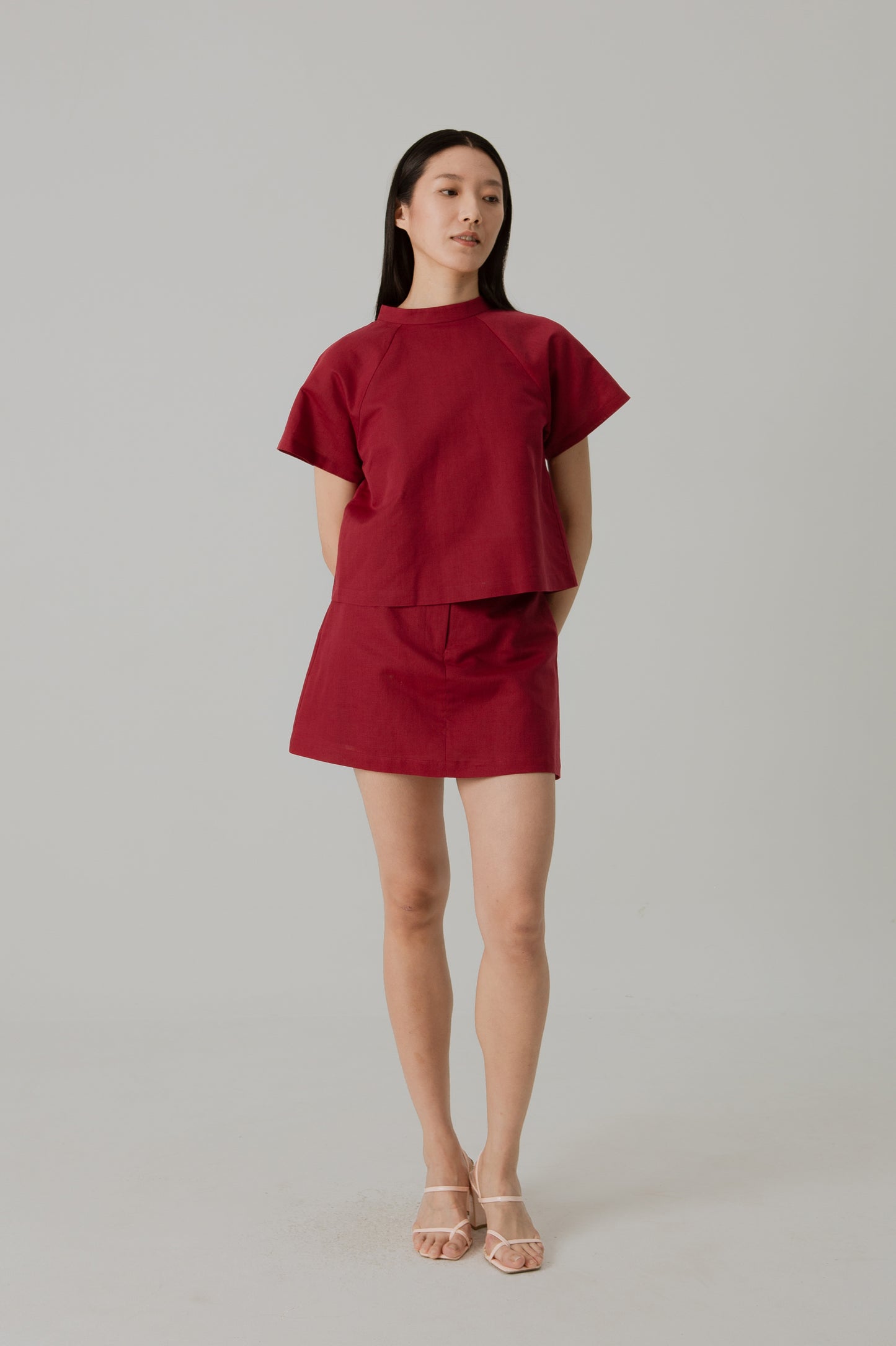 Mini A-Line Skorts in Linen - Cherry