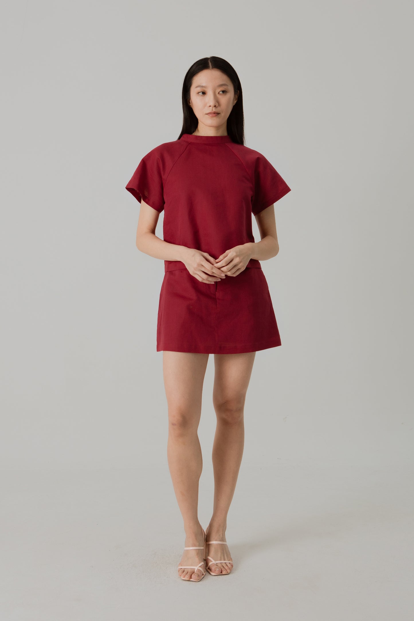 Stand Collar Blouse in Linen - Cherry